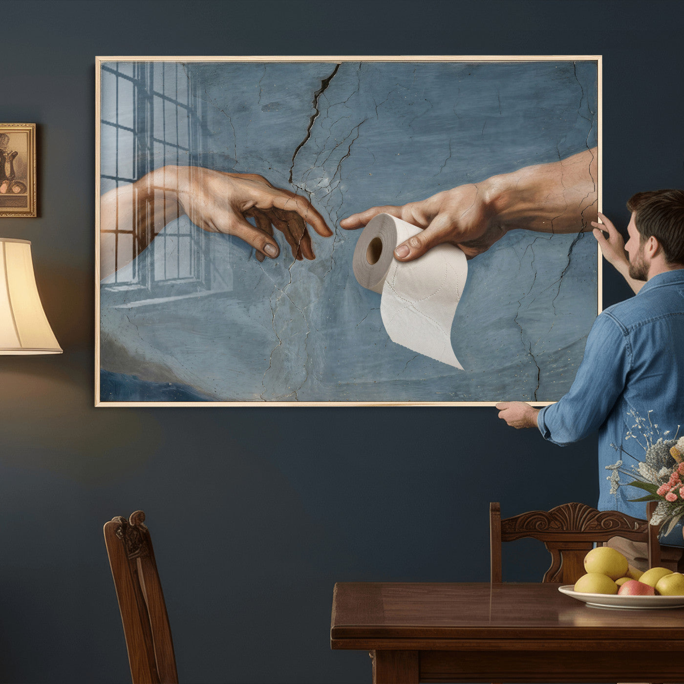 42648143-MGV-CV-36X24 - Funny Bathroom Canvas Wall Art, Michelangelo Creation of Adam Toilet Paper Parody, Renaissance Humor Print, Quirky Housewarming Gift, Toilet Room Decor