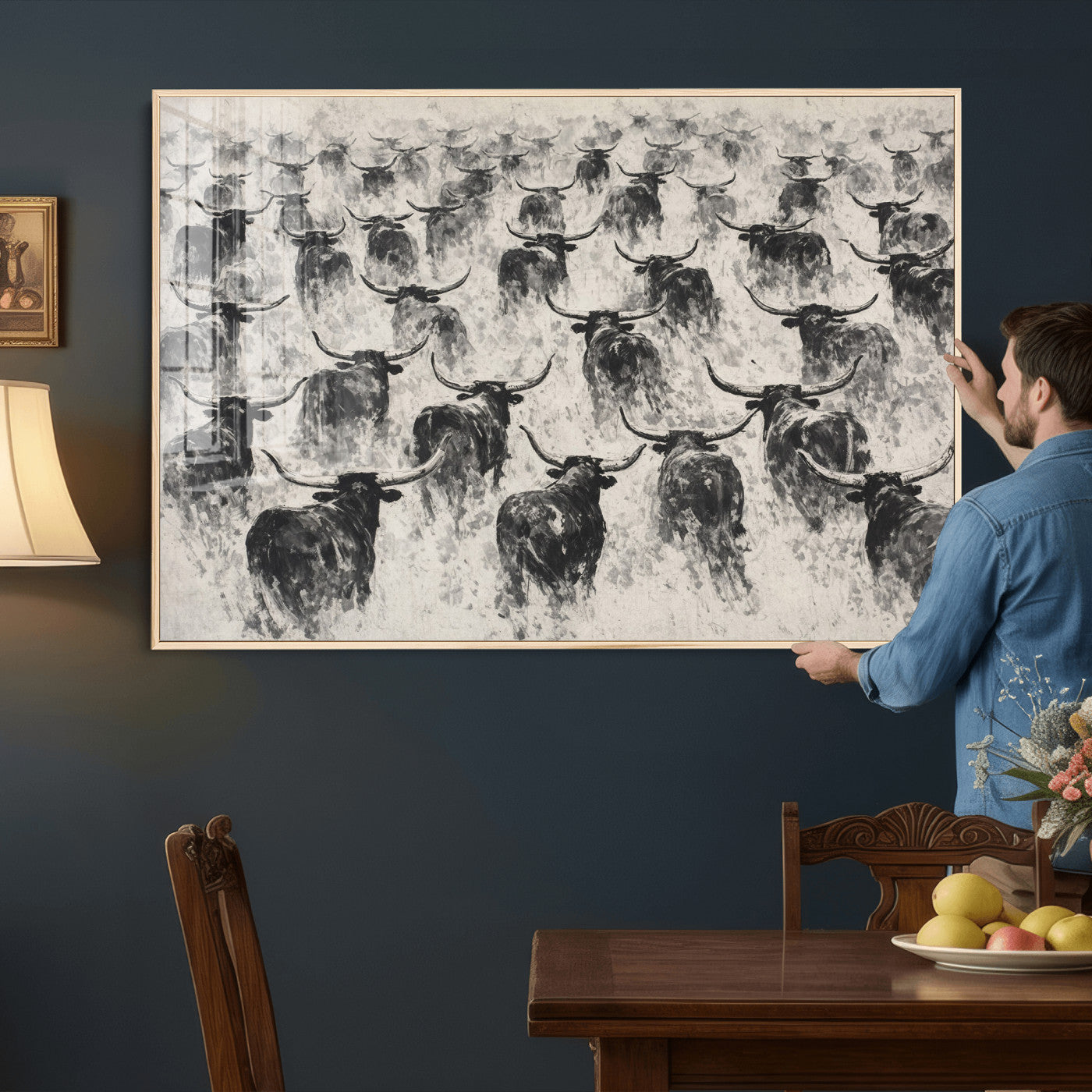 73328525-MGV-CV-36X24 - Texas Longhorn Drawing Canvas Wall Art, Western Cattle Stampede Painting Print, Warm Amber Ranch Decor, Rustic Cowboy Home Art, Large Living Room Decor