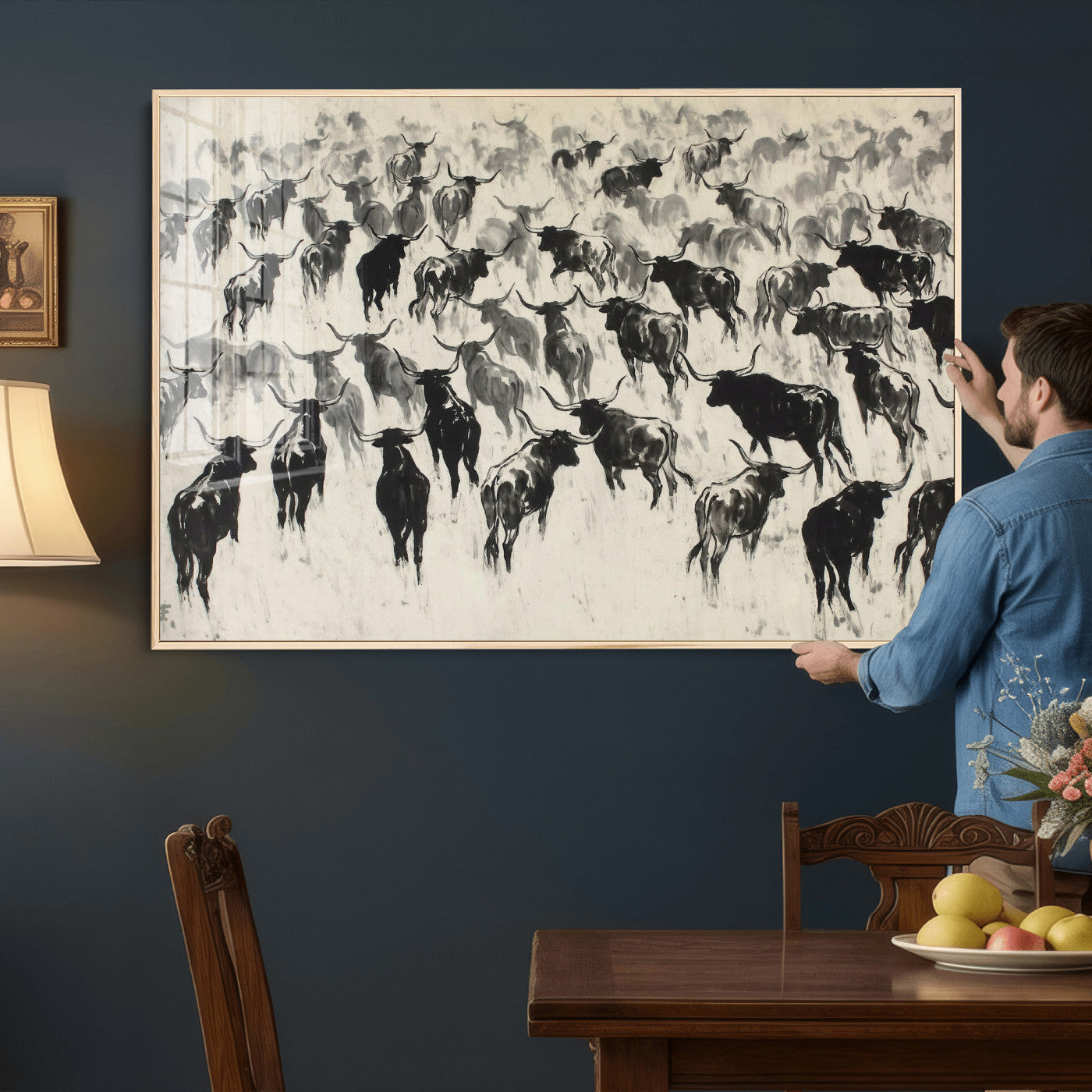 68669792-MGV-CV-36X24 - Longhorn Cattle Canvas Wall Art, Black White Stampede Ink Painting Print, Western Farmhouse Decor, Bull Herd Art, Large Living Room Wall Art, Ranch Home Decor