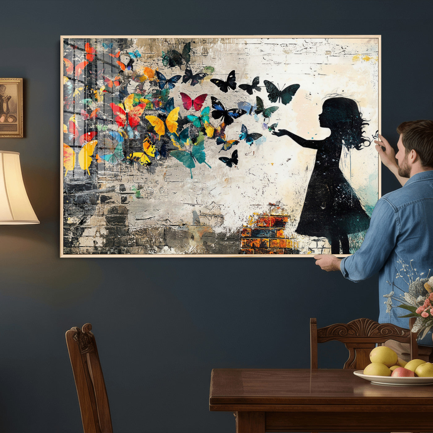 33909022-MGV-CV-36X24 - Banksy Butterfly Girl Wall Art Canvas Print, Framed Street Art Silhouette Graffiti Artwork, Colorful Butterfly Wall Decor for Living Room Bedroom Office