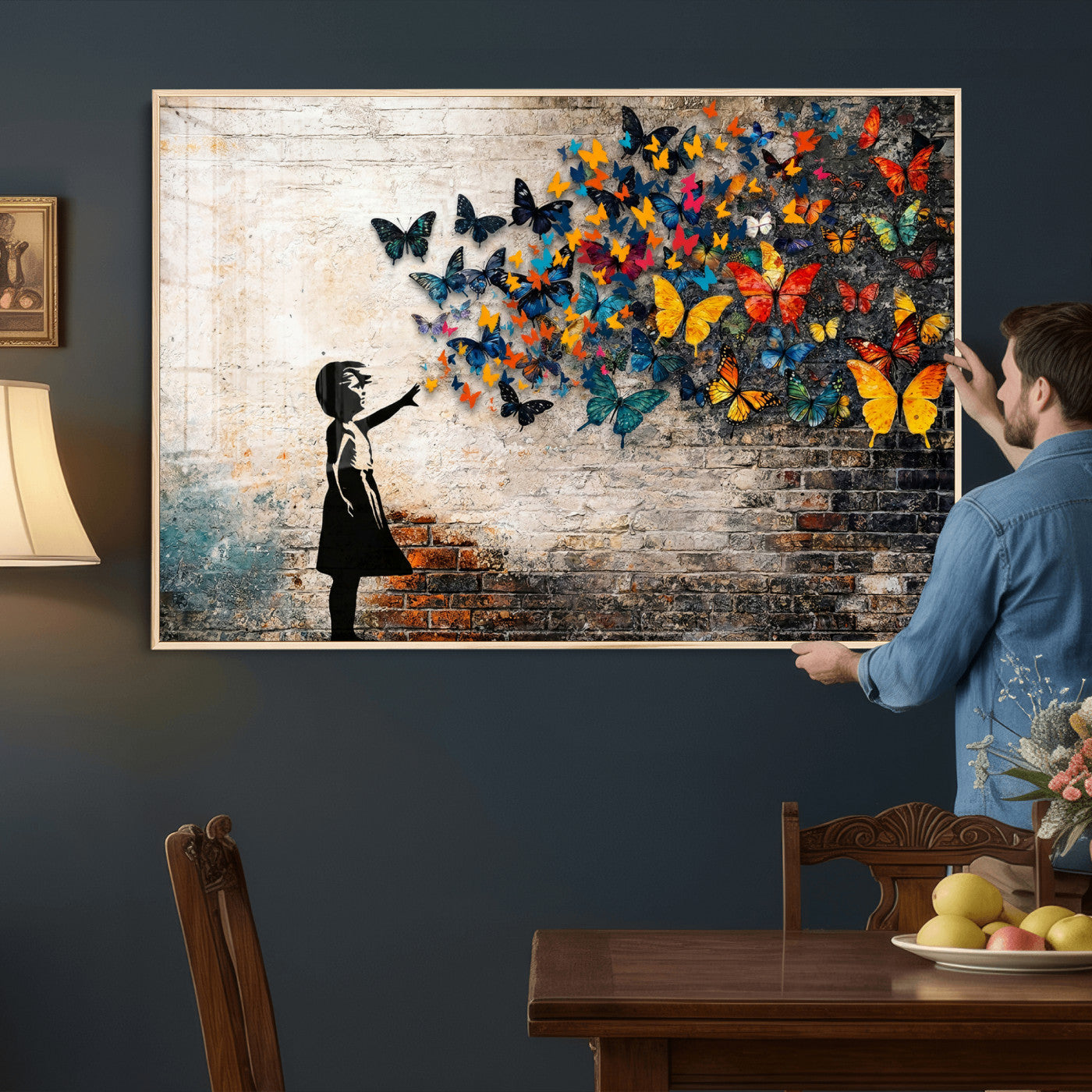 78760384-MGV-CV-36X24 - Banksy Graffiti Butterfly Girl Wall Art Canvas Print, Framed Street Art Canvas Print, Silhouette Butterfly Wall Art for Living Room Bedroom Office