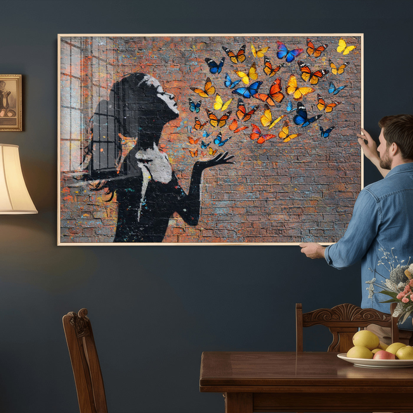 10555939-MGV-CV-36X24 - Urban Banksy Butterfly Girl Wall Art Canvas Print, Framed Street Art Canvas Print, Graffiti Silhouette Butterfly Wall Art for Living Room Bedroom Office