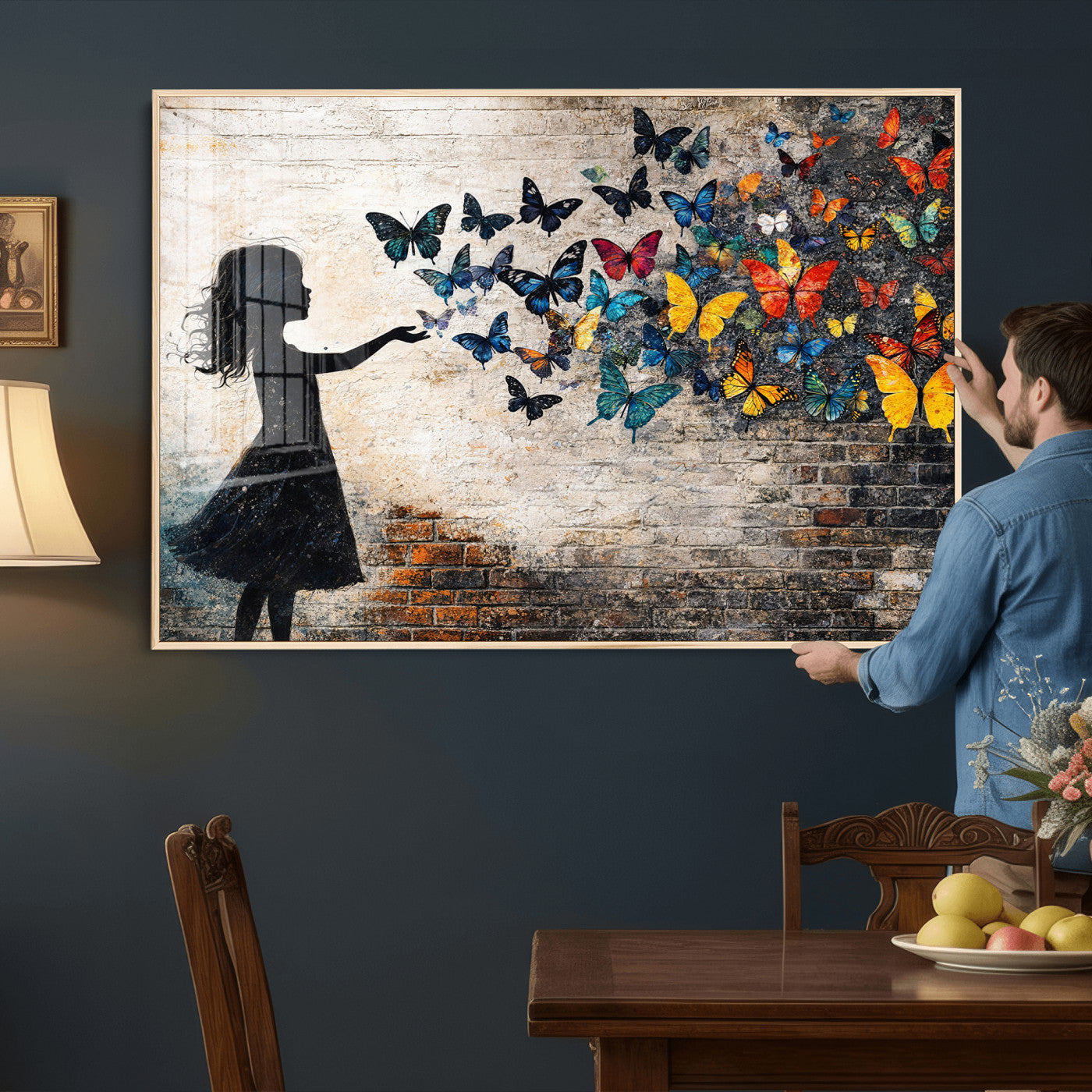 70522594-MGV-CV-36X24 - Banksy Butterfly Girl Wall Art Canvas Print, Framed Street Art Canvas Print, Graffiti Silhouette Butterfly Wall Art for Living Room Bedroom Office