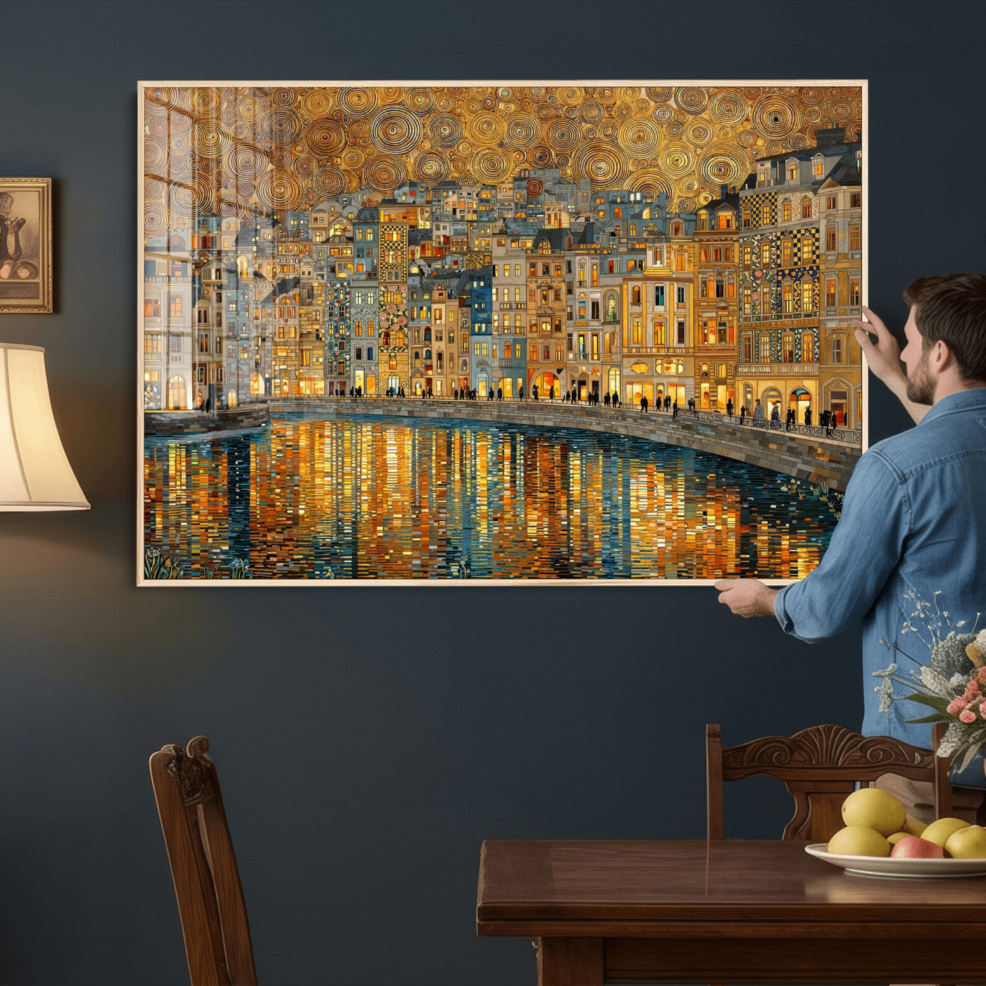 94022787-MGV-CV-36X24 - Gustav Klimt Golden Cityscape Wall Art Canvas Print, Framed River Town Landscape Artwork, Ornate Architecture Wall Decor for Living Room Bedroom Office