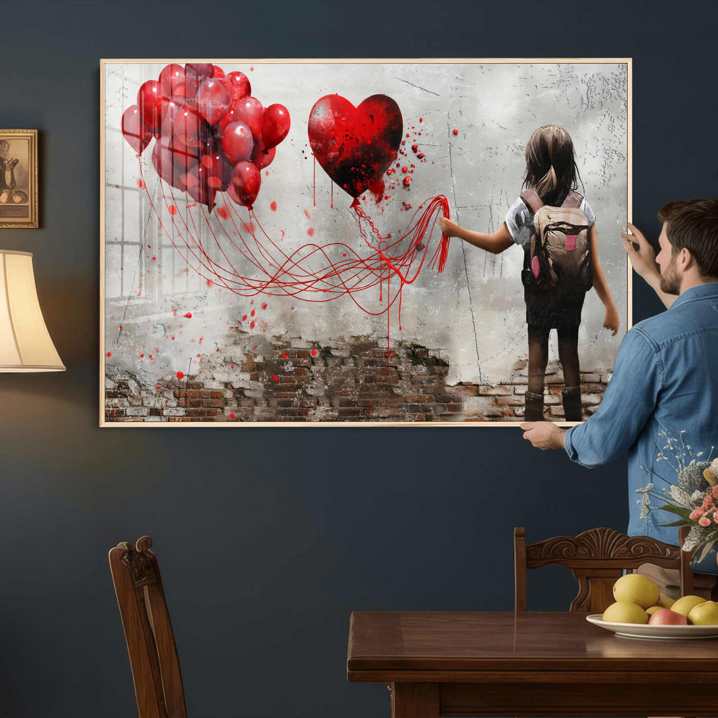 2162830T-MGV-CV-36X24 - Girl Graffiti Wall Art Canvas Print, Red Balloon Heart Street Art, Urban Love Artwork for Living Room Bedroom Hallway Office, Modern Abstract Canvas Wall Decor Home Decor