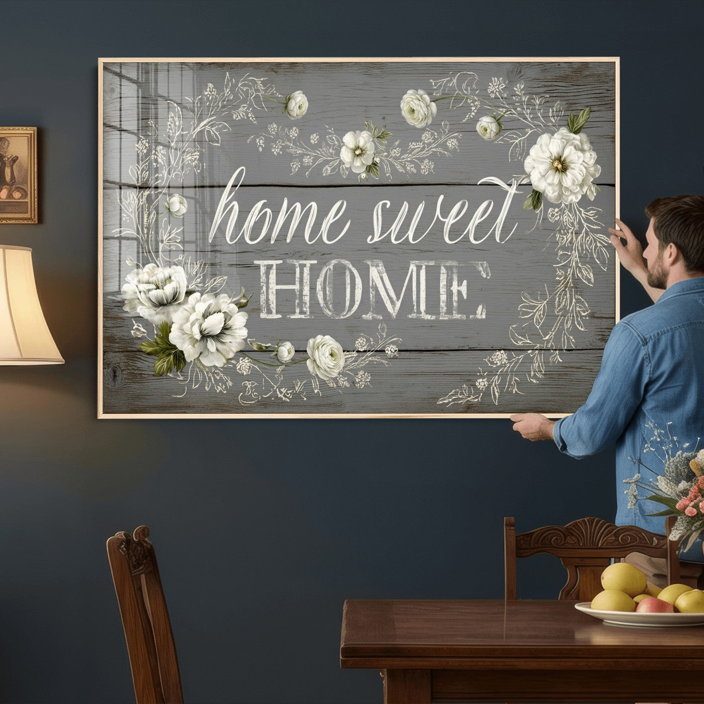 32056075-MGV-CV-36X24 - Home Sweet Home Wall Art Canvas Print, Floral Farmhouse Sign, Rustic Neutral Entryway Bedroom Living Room Decor