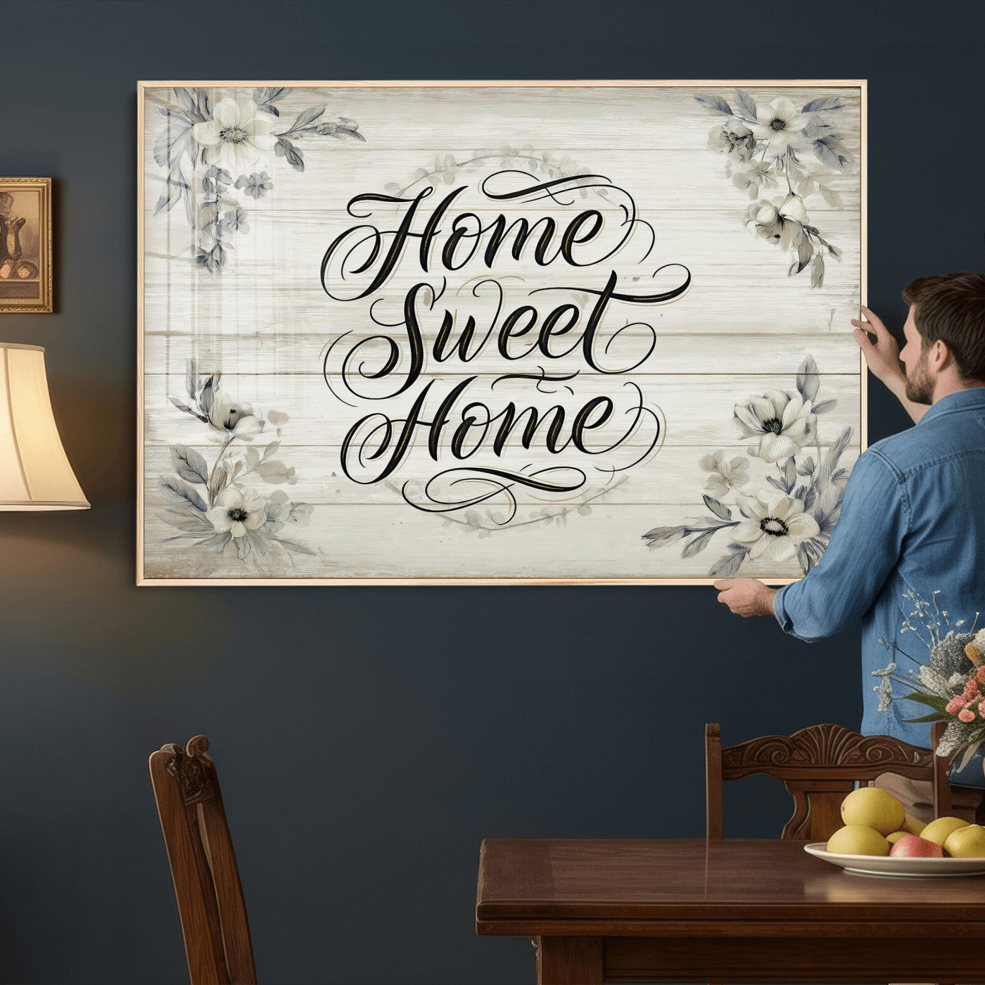 11120405-MGV-CV-36X24 - Home Sweet Home Wall Art Canvas Print, Floral Farmhouse Sign, Rustic Neutral Entryway Bedroom Living Room Decor
