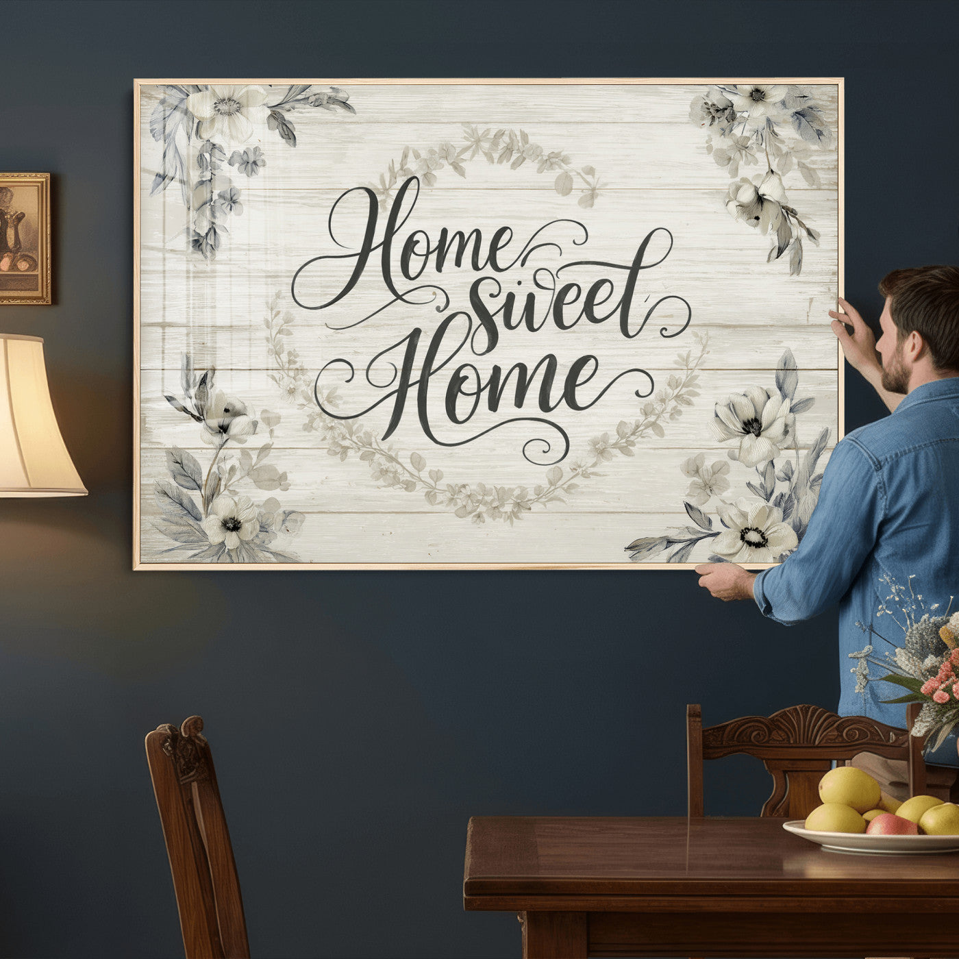81157008-MGV-CV-36X24 - Home Sweet Home Wall Art Canvas Print, Floral Farmhouse Sign, Rustic Neutral Entryway Bedroom Living Room Decor