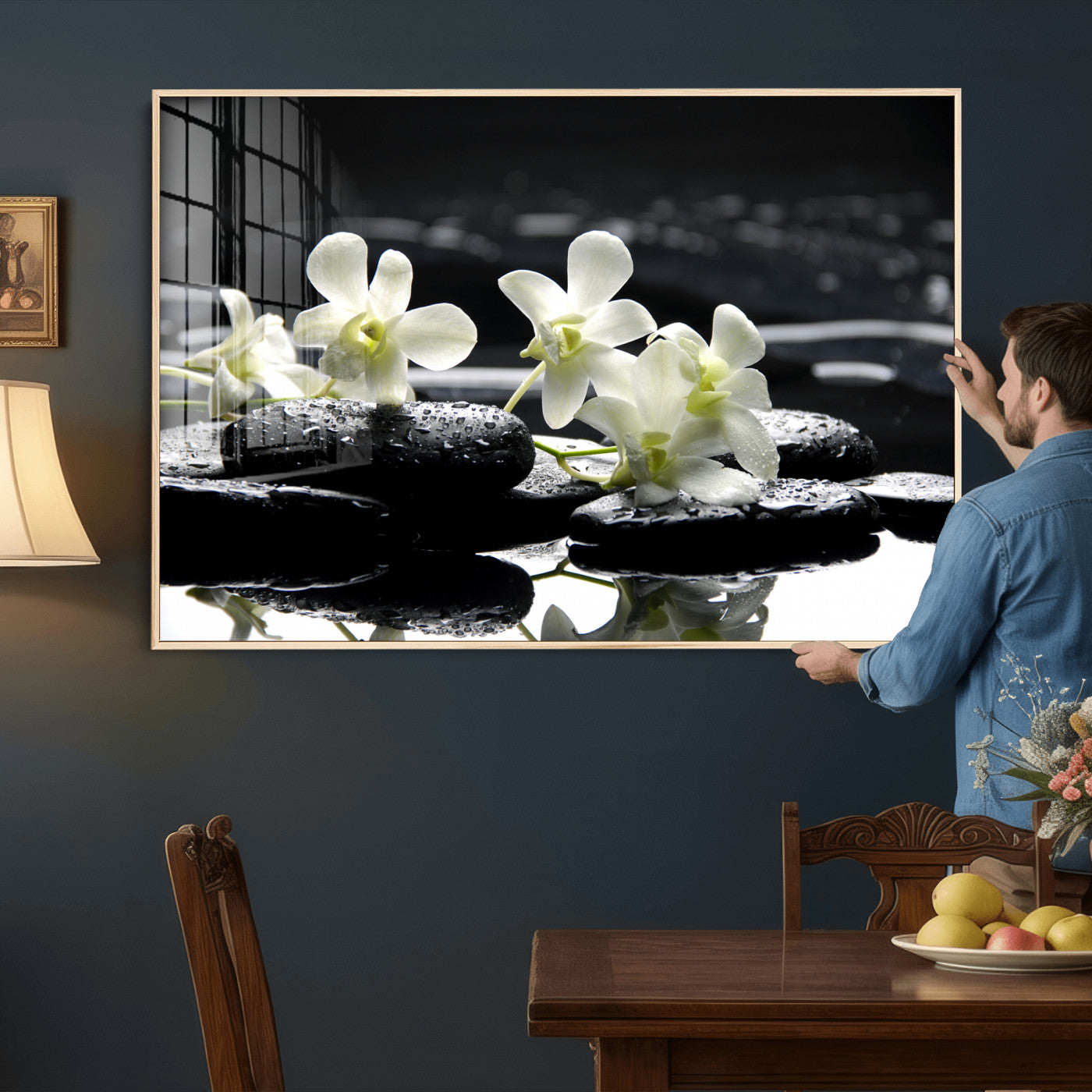 79486206-MGV-CV-36X24 - Plumeria Frangipani Black Stone Canvas | White Flower Spa Photography Print | Tropical Zen Wall Art | Grey Pebble Floral for Meditation Room Decor