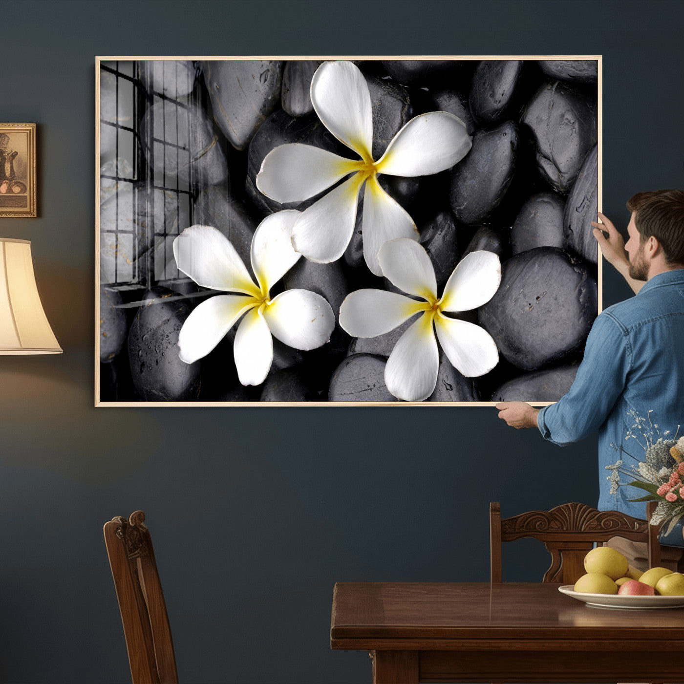 43639613-MGV-CV-36X24 - Plumeria Frangipani Black Stone Canvas | White Flower Spa Photography Print | Tropical Zen Wall Art | Grey Pebble Floral Decor