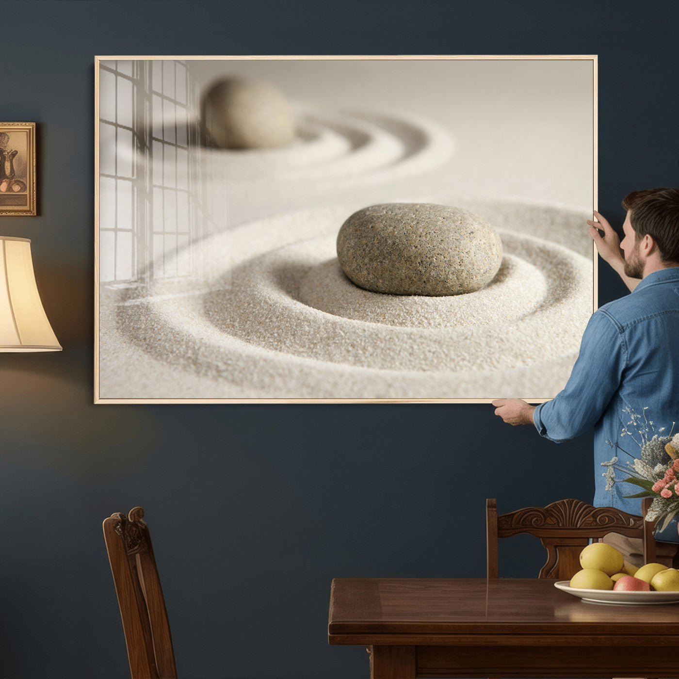 13397966-MGV-CV-36X24 - Zen Garden Stone Sand Canvas | Japanese Rock Garden Wall Art | Minimalist Meditation Print | Neutral Beige Mindfulness Decor