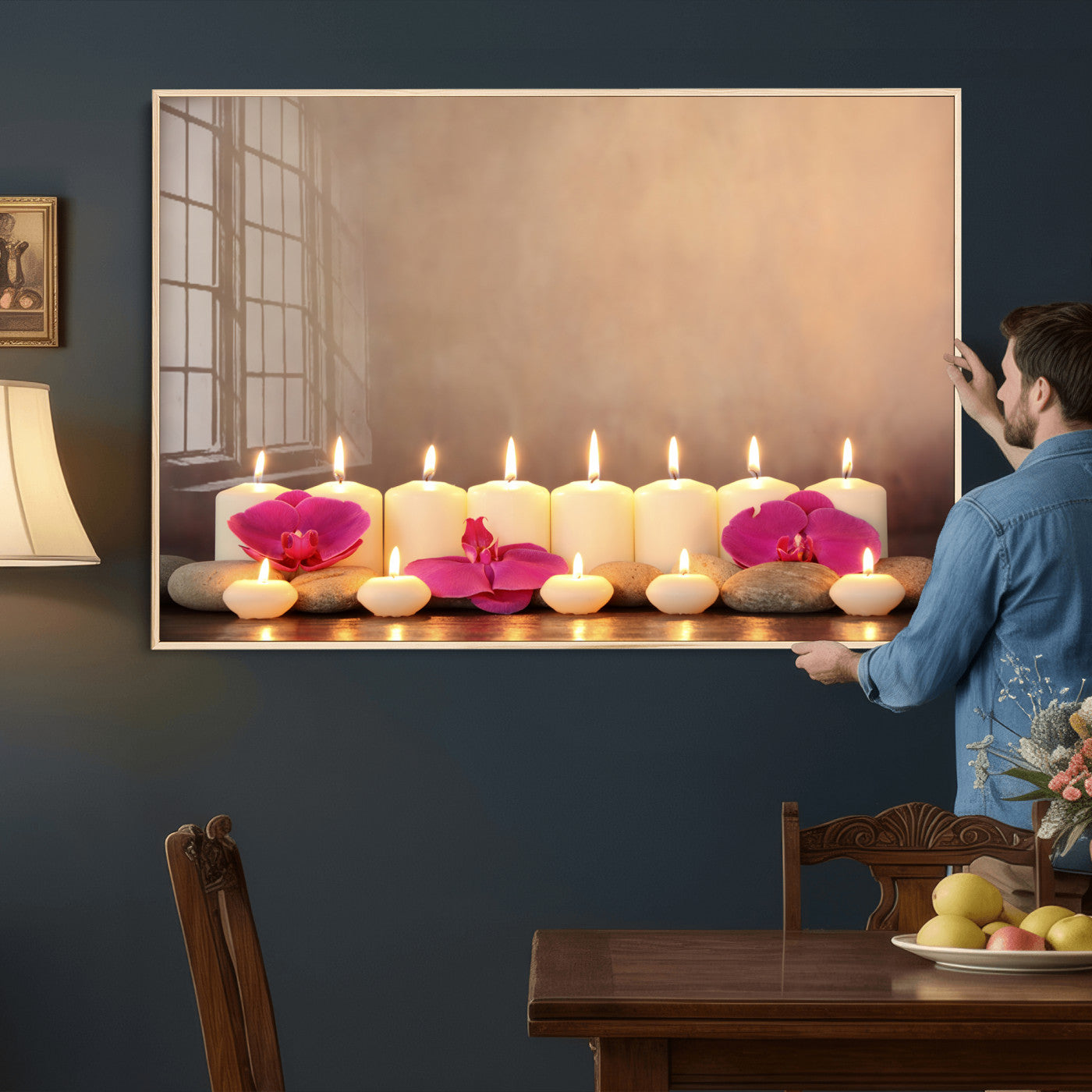 59470569-MGV-CV-36X24 - Spa Candles Orchid Canvas Print | Zen Wellness Relaxation Wall Art | Pink Flower Candlelight Bathroom Decor | Calm Beige Photography