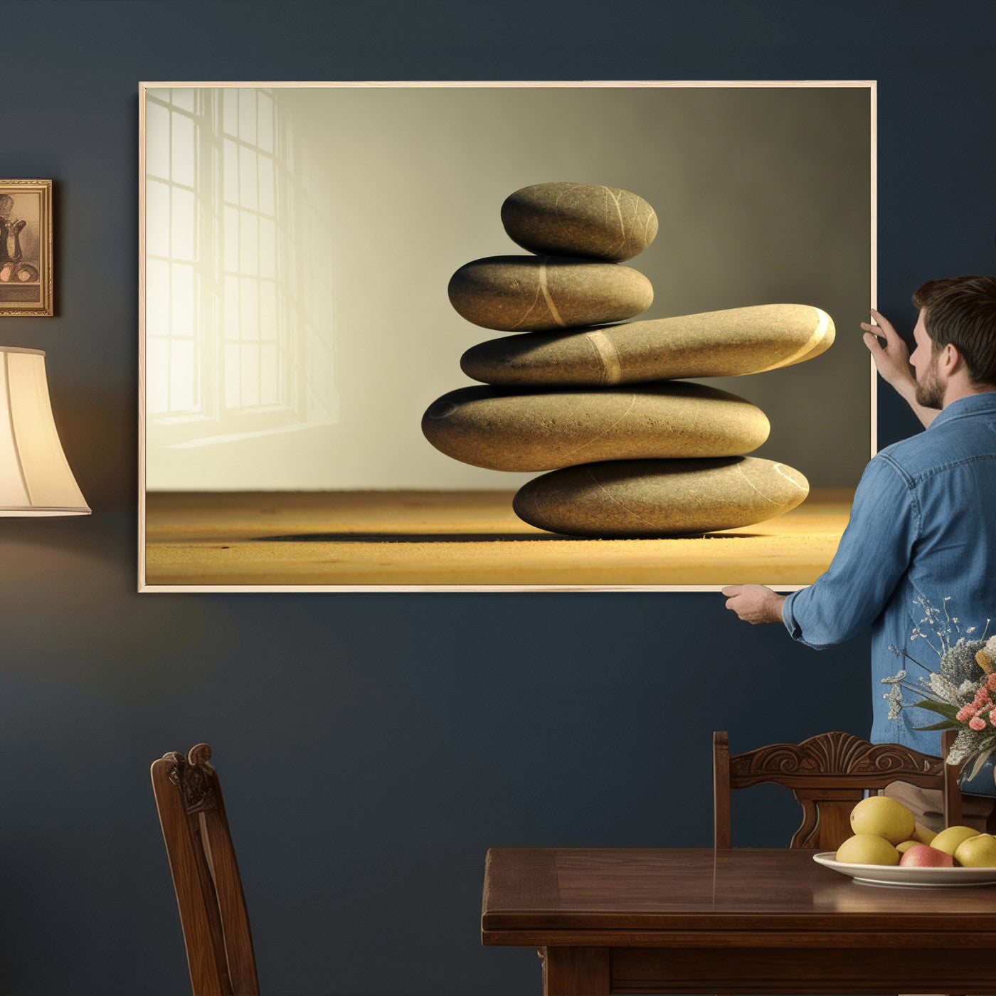 85424263-MGV-CV-36X24 - Zen Stone Wall Art Canvas Print, Balanced Rock Stack Framed Spa Artwork, Minimalist Meditation Decor for Living Room Bedroom Office Bathroom