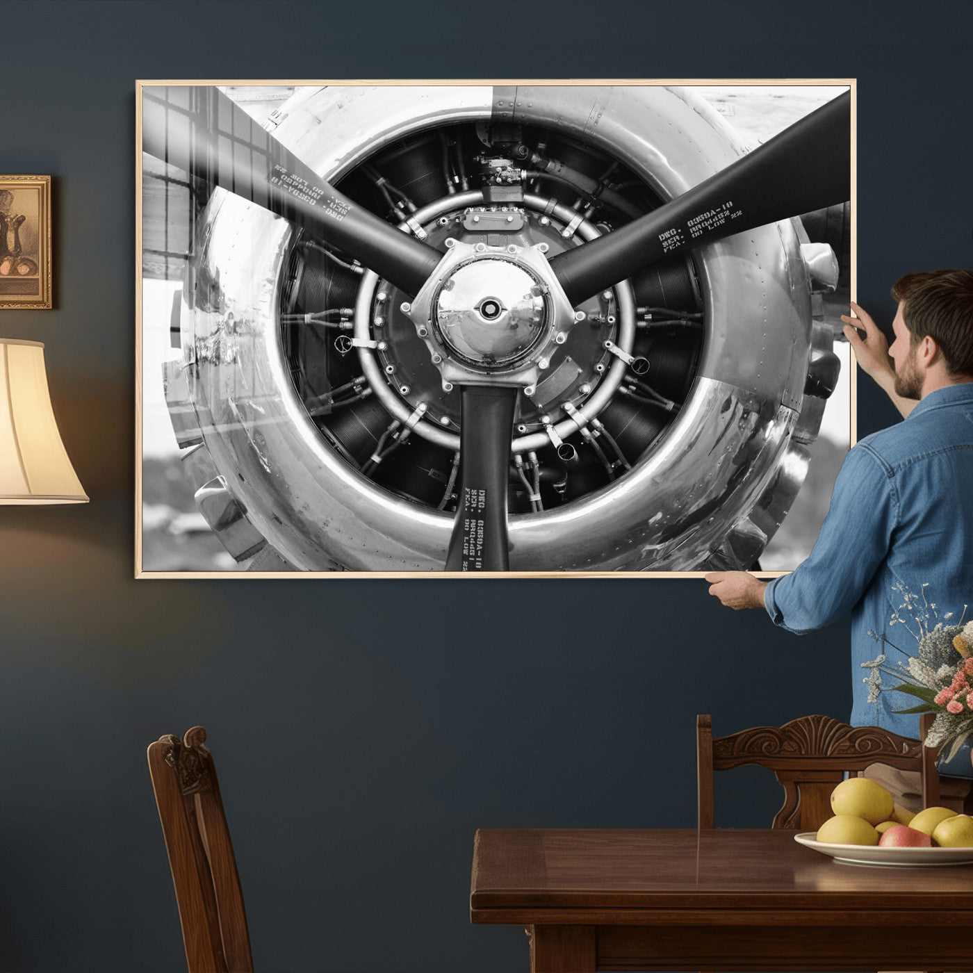 73322230-MGV-CV-36X24 - Vintage Propeller Plane Wall Art Canvas Print, Black and White Airplane Engine Close Up Framed Aviation Artwork for Pilot Office Hangar Decor