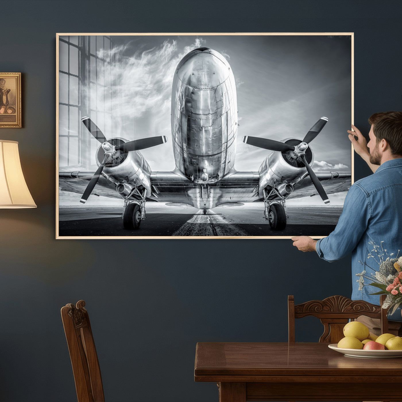59729636-MGV-CV-36X24 - Vintage Propeller Plane Wall Art Canvas Print, Black and White Airplane Engine Close Up Framed Aviation Artwork for Pilot Office Hangar Decor