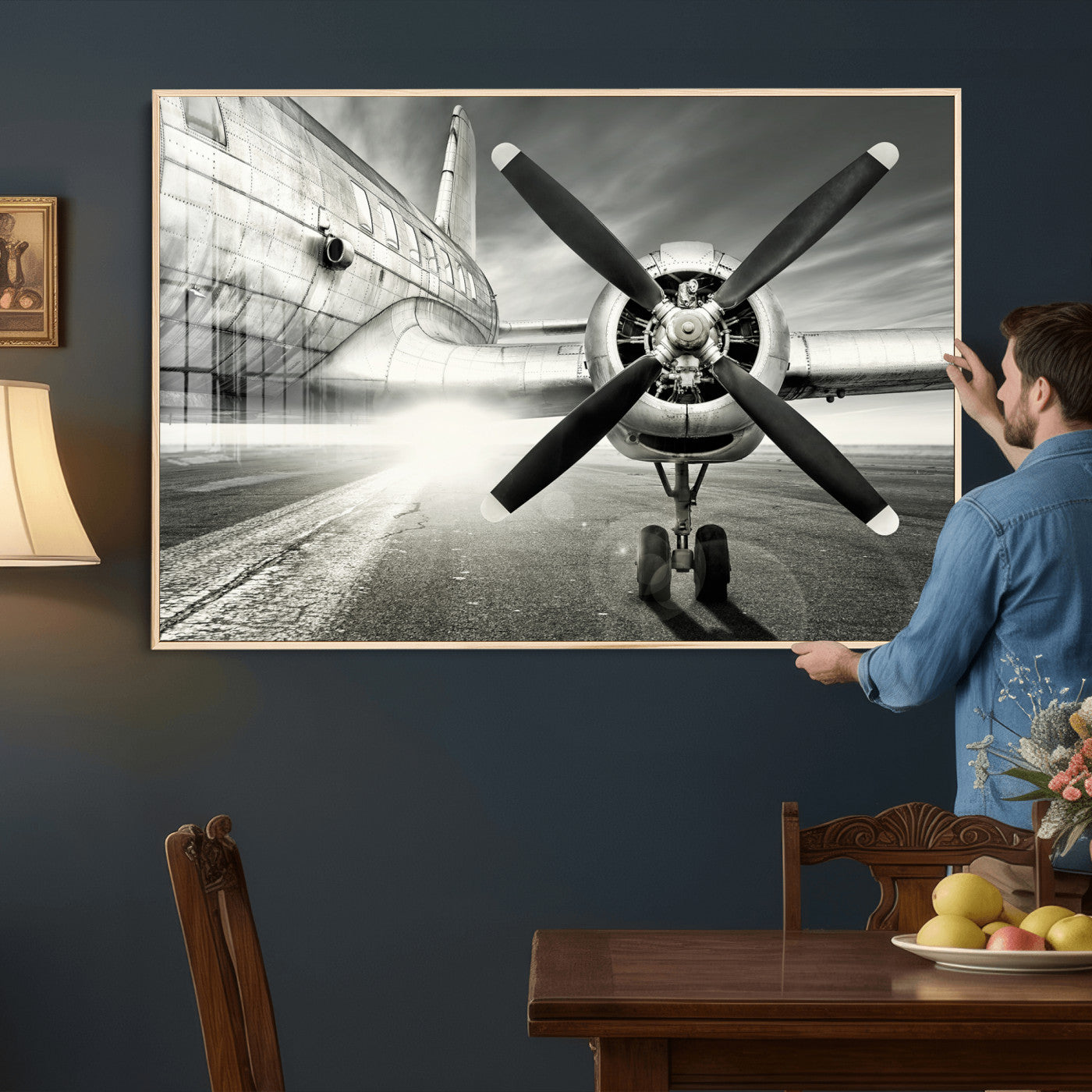 16420255-MGV-CV-36X24 - Vintage Airplane Wall Art Canvas Print, Black and White Propeller Aircraft Framed Aviation Artwork for Pilot Office Hangar Living Room Decor