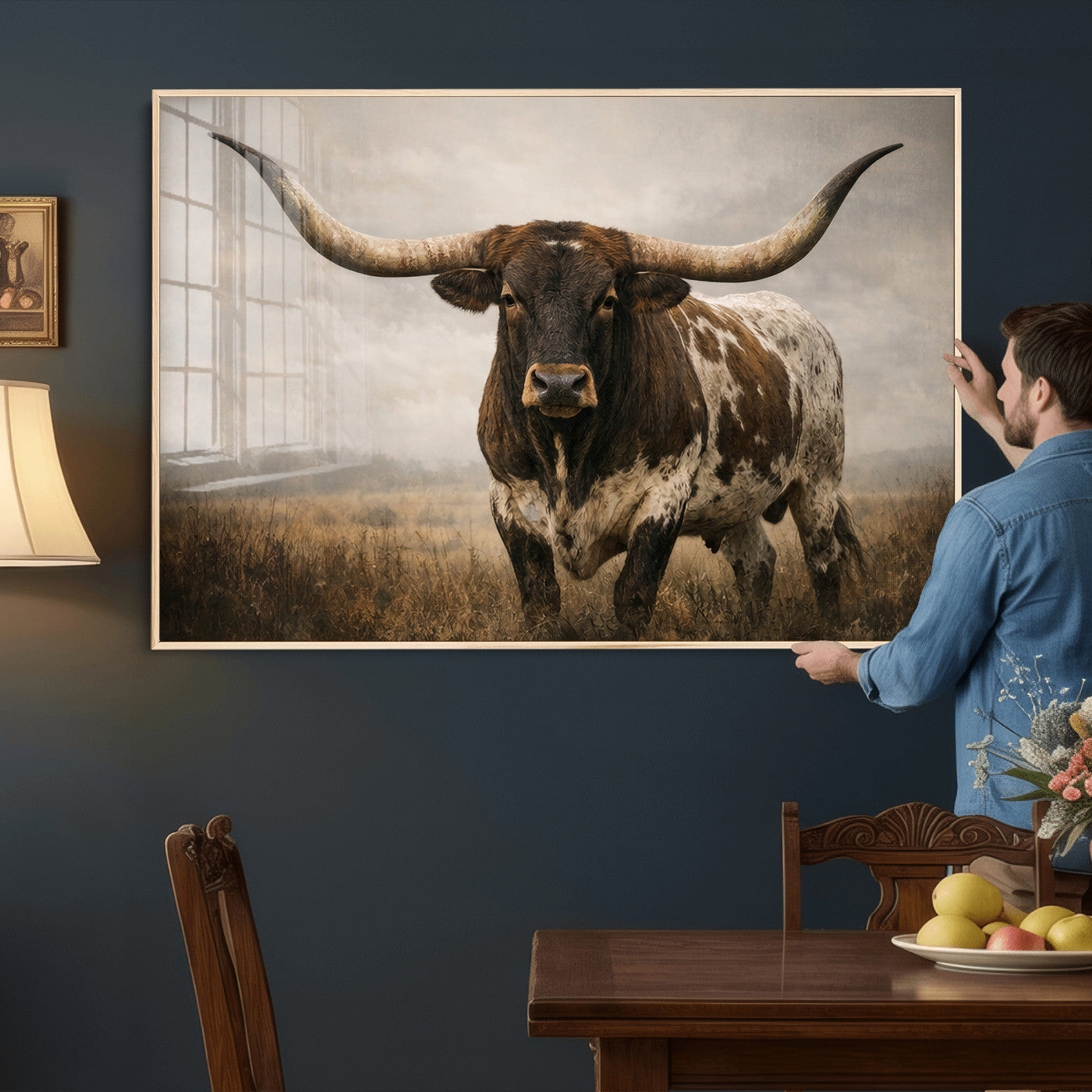 17622011L-MGV-CV-36X24 - Longhorn Bull Wall Art Canvas Print, Western Farmhouse Cowboy Decor, Rustic Texas Ranch Cattle Artwork for Living Room Bedroom Office, Framed Wall Decor