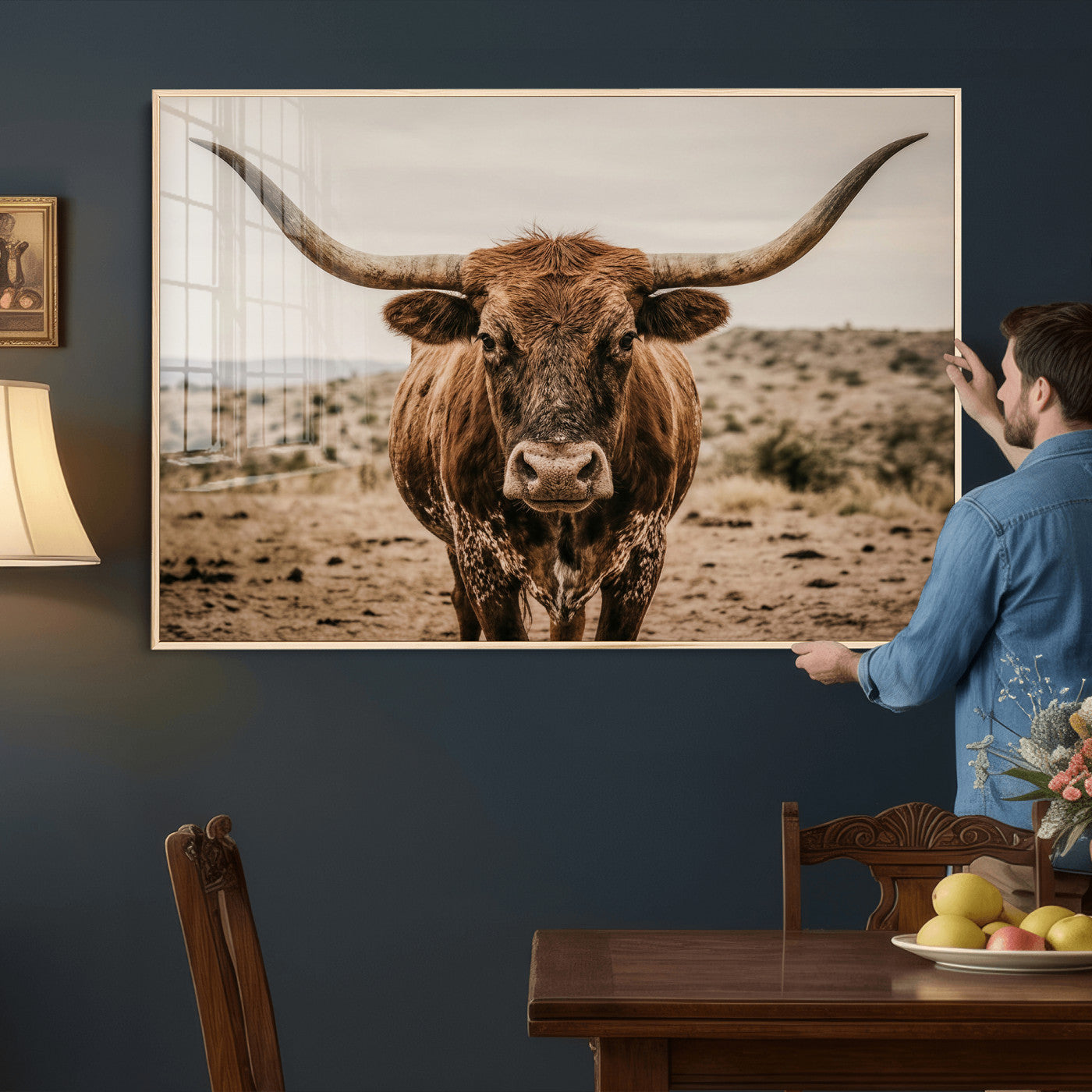 17622011K-MGV-CV-36X24 - Texas Longhorn Bull Wall Art Canvas Print, Western Farmhouse Cowboy Decor, Rustic Texas Ranch Cattle Artwork for Living Room Bedroom Office, Framed Wall Decor