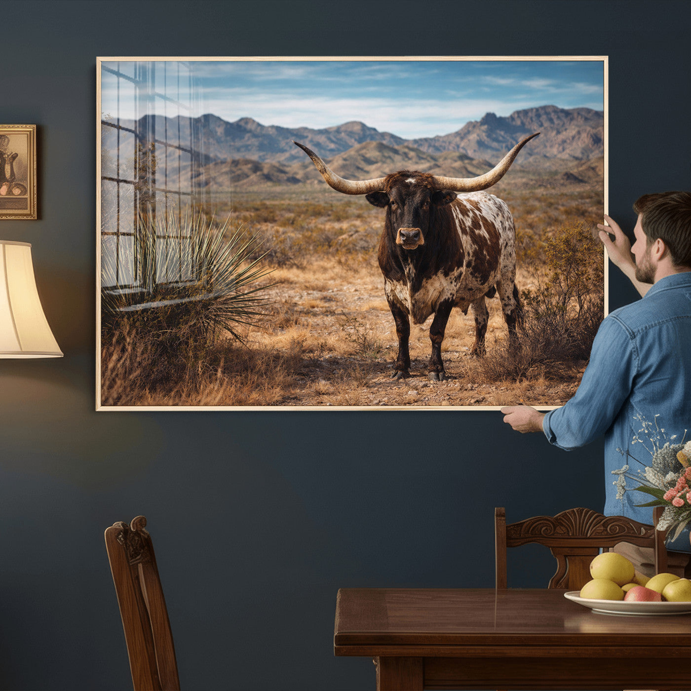 17622011S-MGV-CV-36X24 - Texas Longhorn Bull Wall Art Canvas Print, Western Farmhouse Cowboy Decor, Rustic Texas Ranch Cattle Artwork for Living Room Bedroom Office, Framed Wall Decor