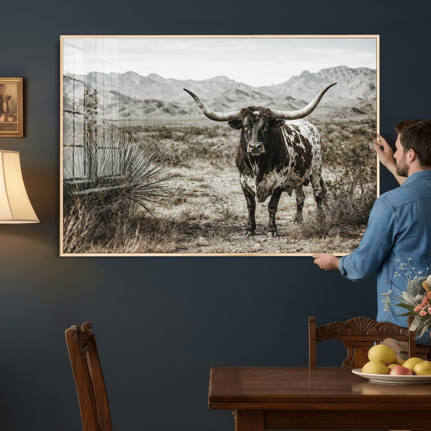 17622011H-MGV-CV-36X24 - Texas Longhorn Bull Wall Art Canvas Print, Western Farmhouse Cowboy Decor, Rustic Texas Ranch Cattle Artwork for Living Room Bedroom Office, Framed Wall Decor
