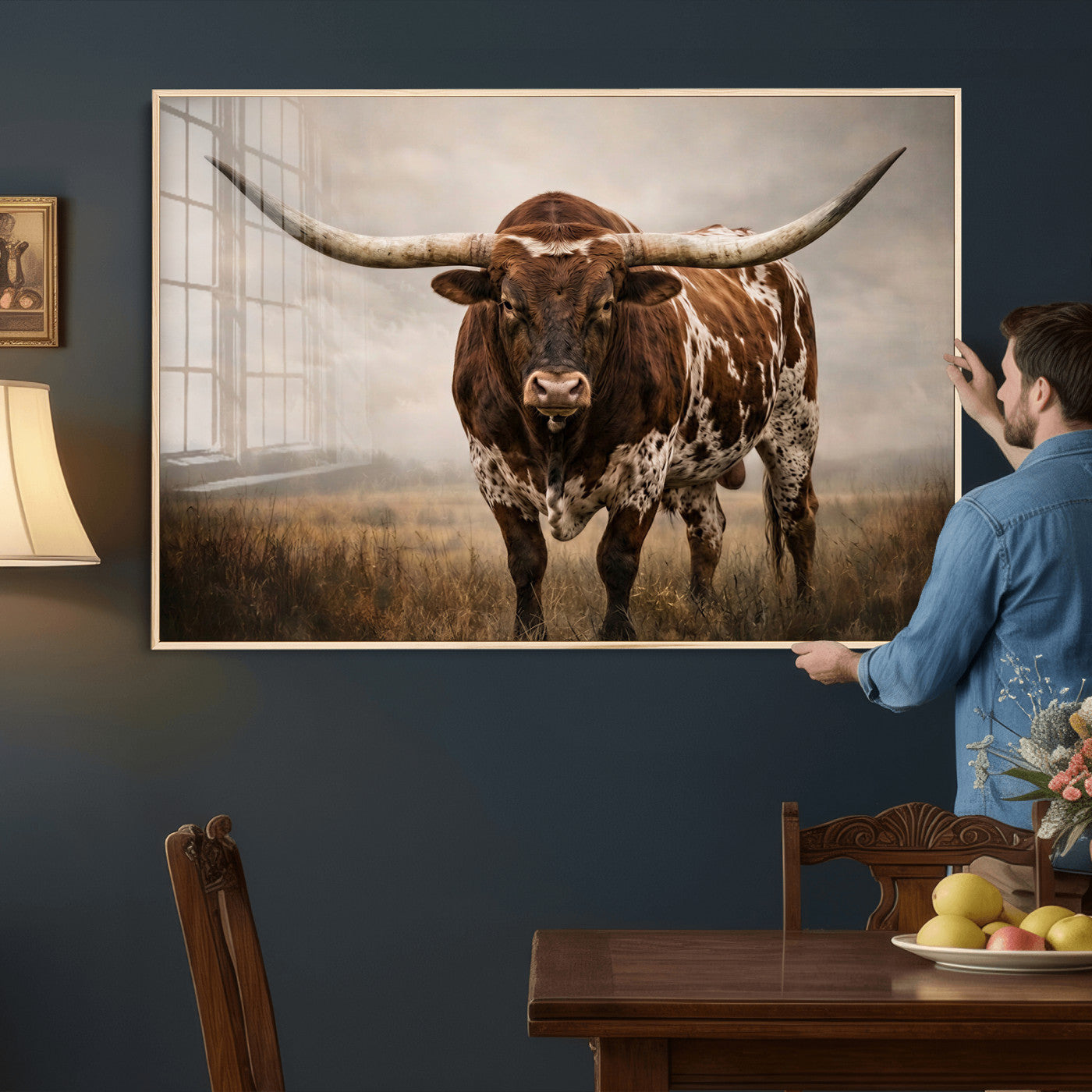 25239047-MGV-CV-36X24 - Texas Longhorn Canvas Wall Art Western Bull Desert Moody Grey Overcast Rustic Farmhouse Framed Large for Living Room Bedroom Office Decor