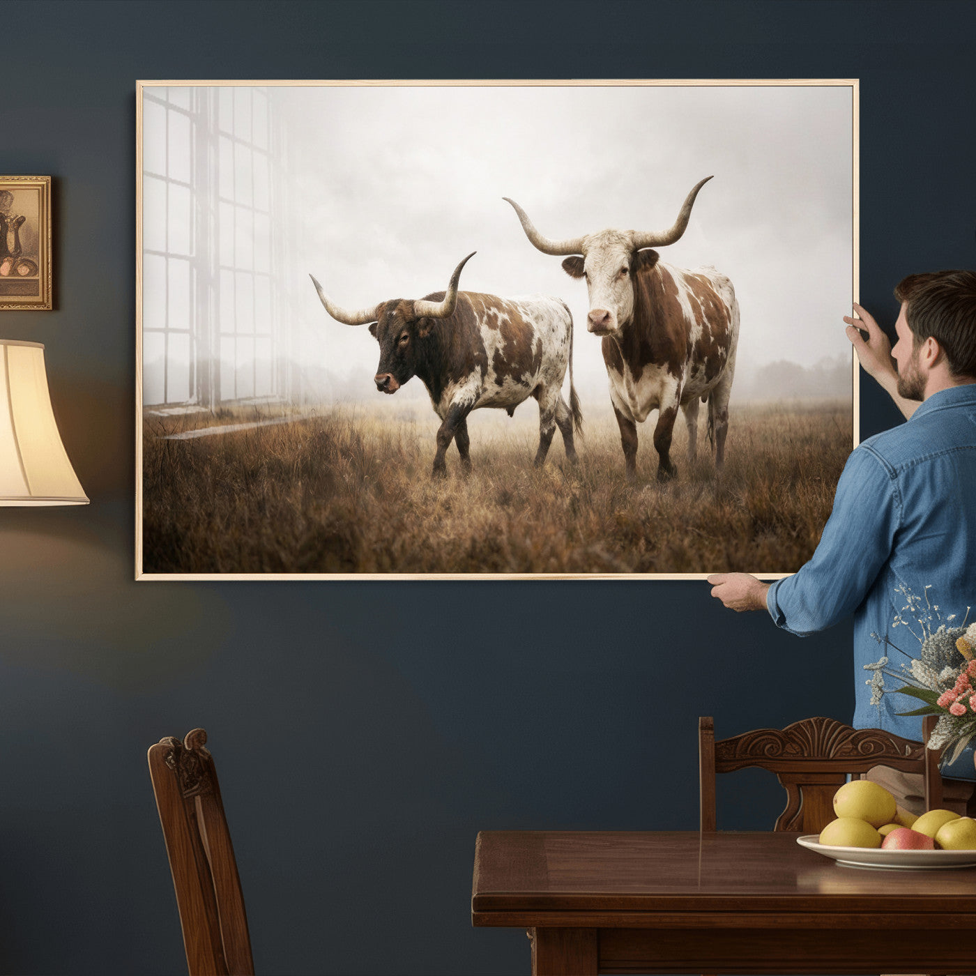 92881702-MGV-CV-36X24 - Texas Longhorn Canvas Wall Art Western Bull Desert Moody Grey Overcast Rustic Farmhouse Framed Large for Living Room Bedroom Office Decor