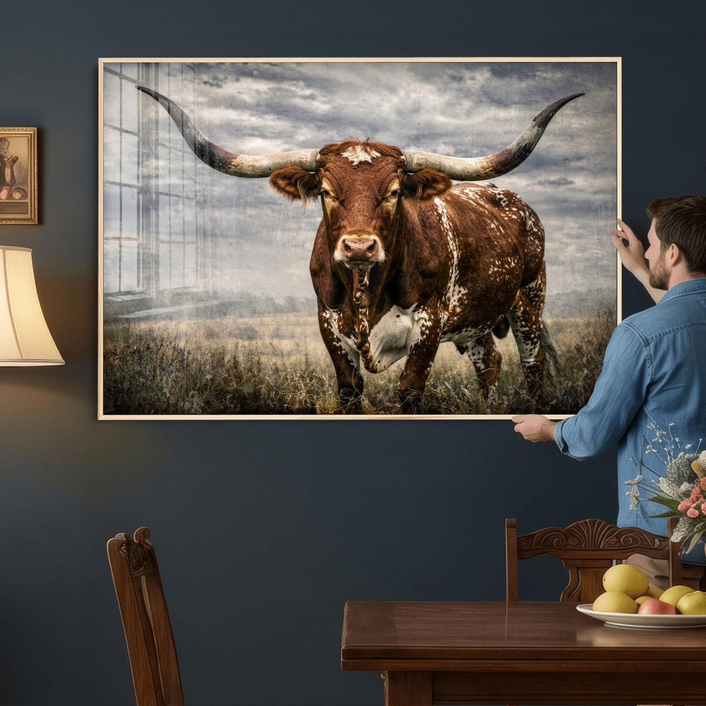 14372769-MGV-CV-36X24 - Texas Longhorn Canvas Wall Art Western Bull Desert Moody Grey Overcast Rustic Farmhouse Framed Large for Living Room Bedroom Office Decor