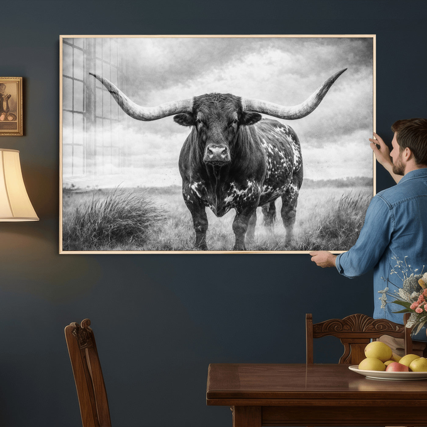 19951238-MGV-CV-36X24 - Texas Longhorn Canvas Wall Art Western Bull Desert Moody Grey Overcast Rustic Farmhouse Framed Large for Living Room Bedroom Office Decor