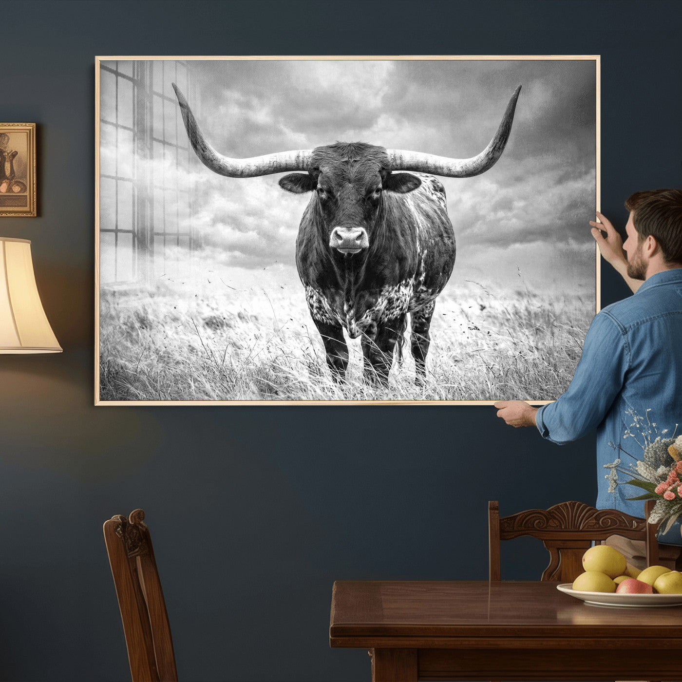 63336115-MGV-CV-36X24 - Texas Longhorn Canvas Wall Art Western Bull Desert Moody Grey Overcast Rustic Farmhouse Framed Large for Living Room Bedroom Office Decor