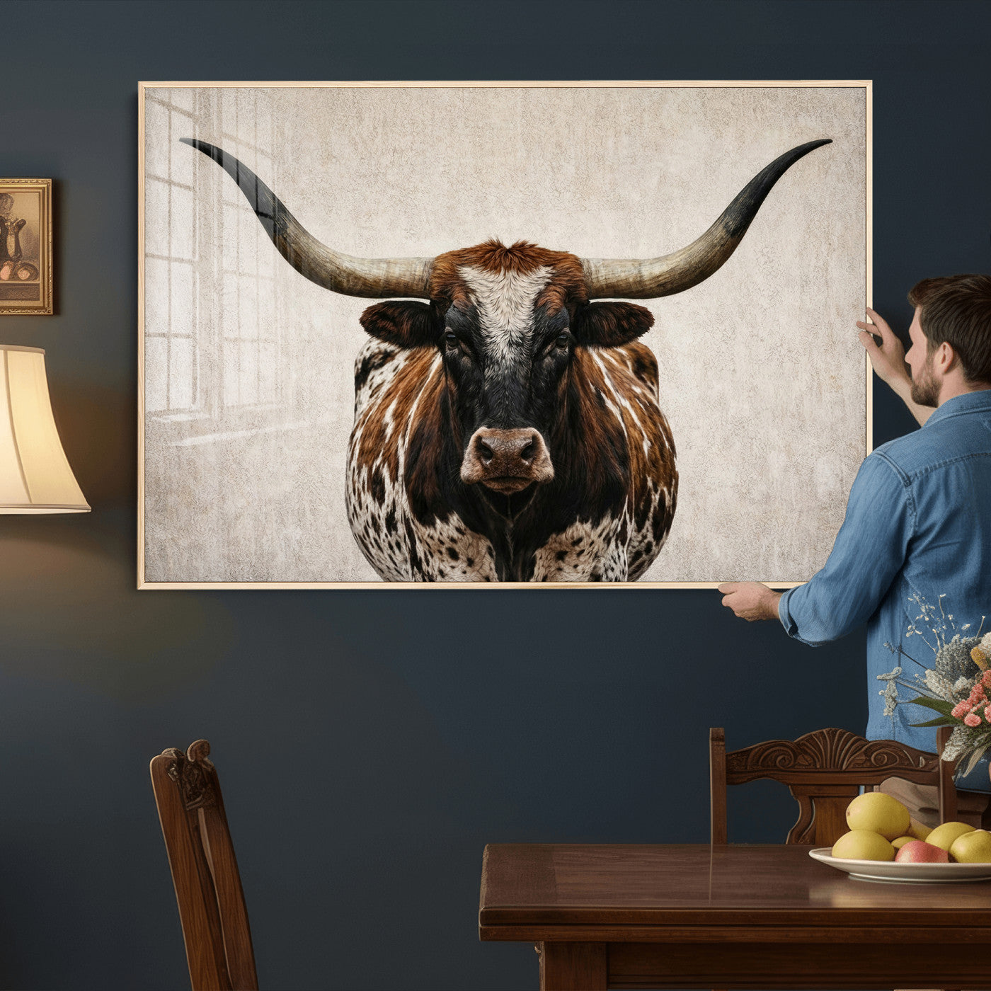 58622065-MGV-CV-36X24 - Texas Longhorn Canvas Wall Art Western Bull Desert Moody Grey Overcast Rustic Farmhouse Framed Large for Living Room Bedroom Office Decor