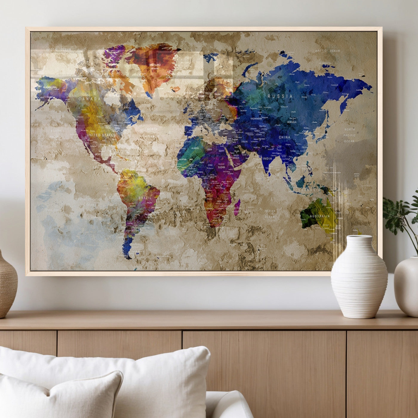 92939-MGV-FP-36X24-3P_Natural-Colorful World Map Canvas Wall Art – Abstract Watercolor Map Print, Modern Travel Decor for Home Office or Study