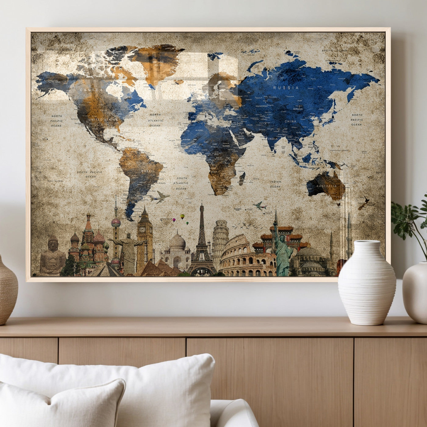 20261-MGV-FP-36X24-3P_Natural-World Map Canvas Print – Vintage Blue and Gold World Map Wall Art, Framed Travel Inspired Decor for Living Room or Office
