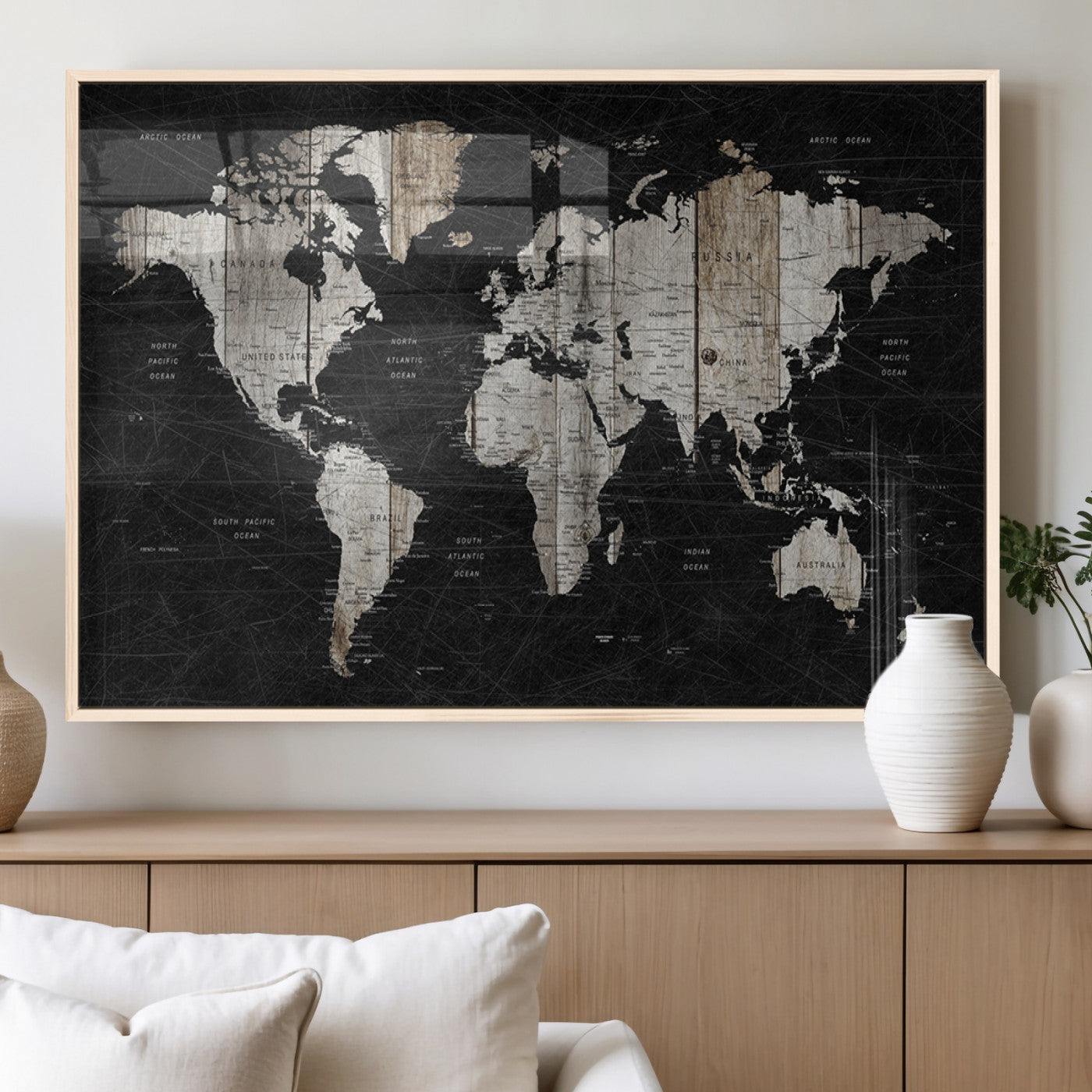 89998-MGV-FP-36X24-3P_Natural-Rustic Black and Wood World Map Canvas Wall Art – Framed Push Pin Travel Map for Home and Office Decor, Modern Vintage Wall Artwork