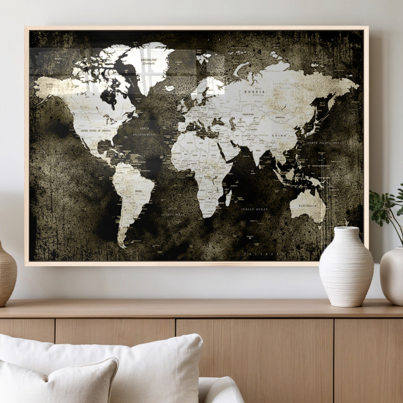 66737-MGV-FP-36X24-3P_Natural-Vintage World Map Canvas Wall Art – Framed Push Pin Travel Map for Home and Office Decor, Rustic Wall Artwork for Travelers