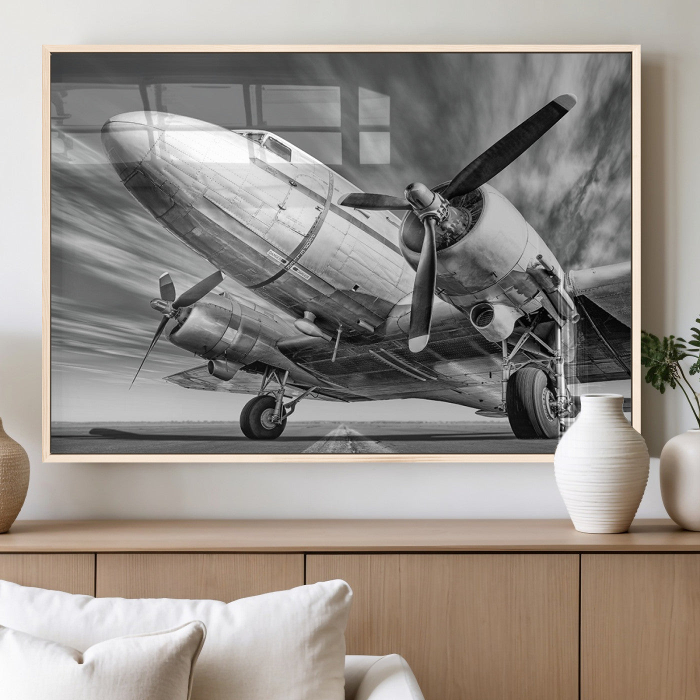 82744-MGV-FP-36X24-3P_Natural-Vintage Airplane on Runway Canvas Print