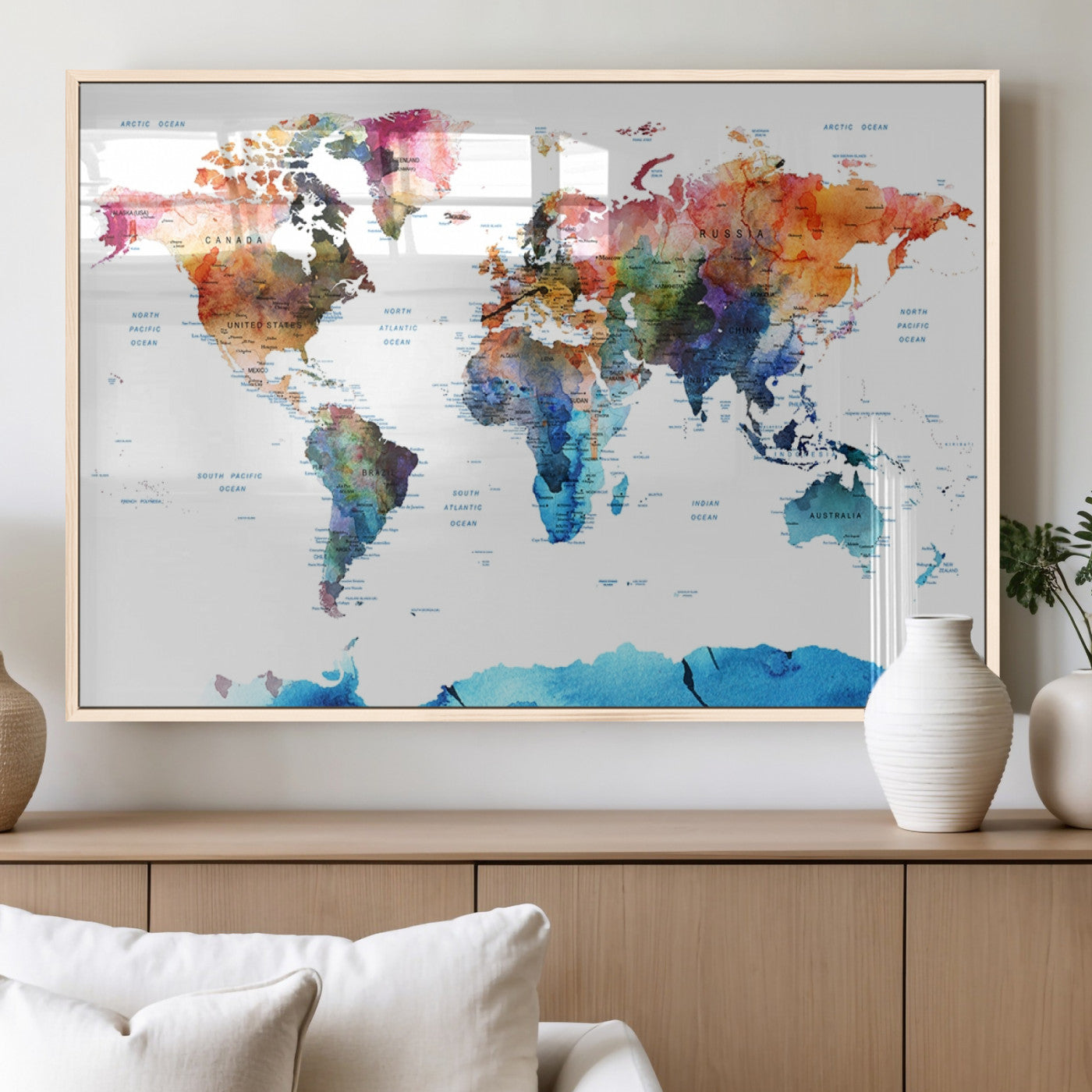 11576-MGV-FP-36X24-3P_Natural-Vibrant Watercolor World Map Canvas Wall Art – Framed Push Pin Travel Map for Home and Office Decor, Modern Colorful Wall Artwork