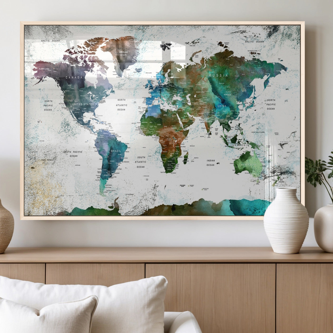 13140-MGV-FP-36X24-3P_Natural-Modern Watercolor World Map Canvas Wall Art – Framed Abstract Map Print, Contemporary Travel Artwork for Elegant Home and Office Decor