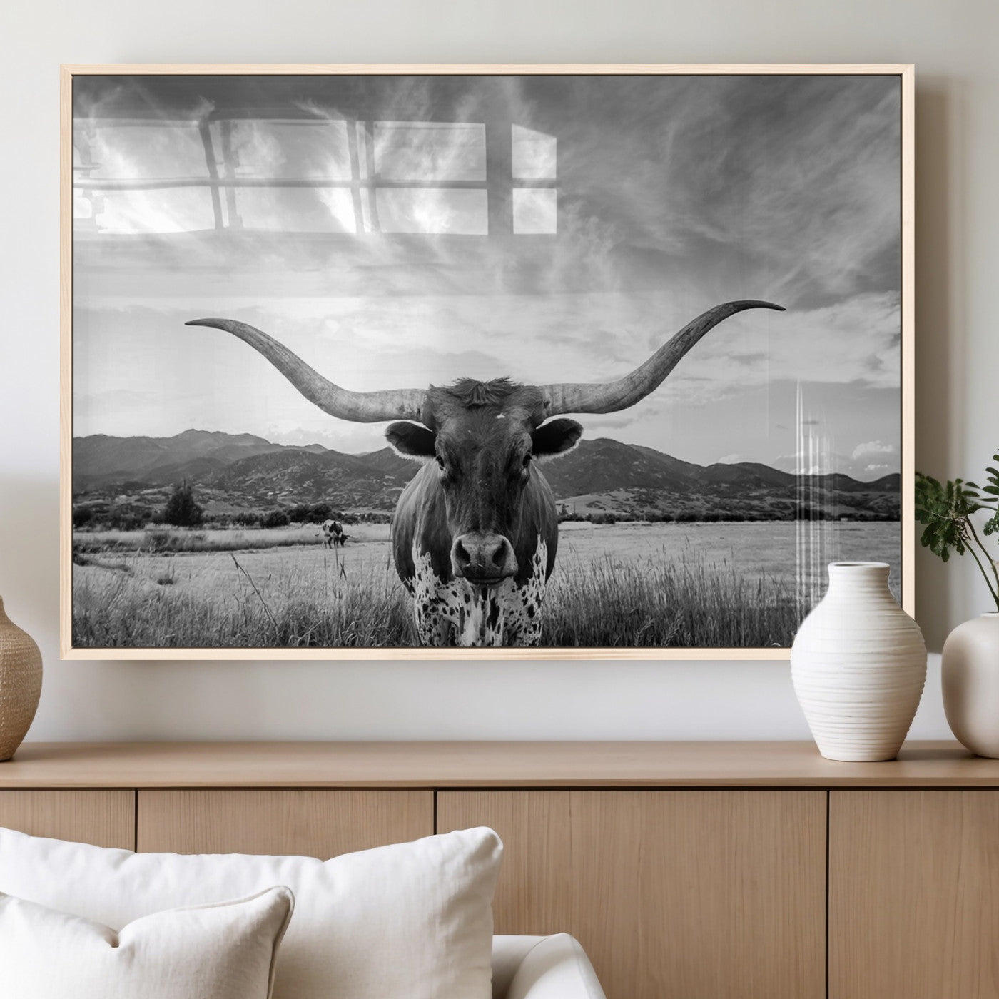 79527-MGV-FP-36X24-3P_Natural-Longhorn Black and White Wall Art – Rustic Western Bull Canvas Print, Farmhouse Country Decor for Living Room, Office or Ranch, Cowboy Wall Artwork