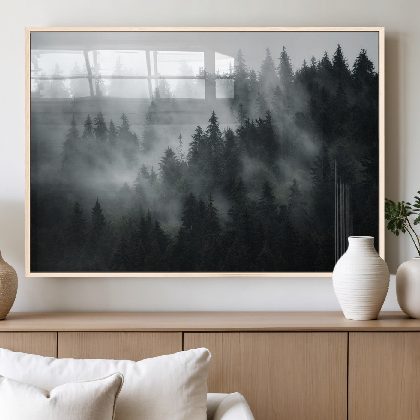 52359-MGV-FP-36X24-3P_Natural-Foggy Forest Wall Art Canvas Print | 3 Panel Large Misty Landscape for Dining Room, Office, or