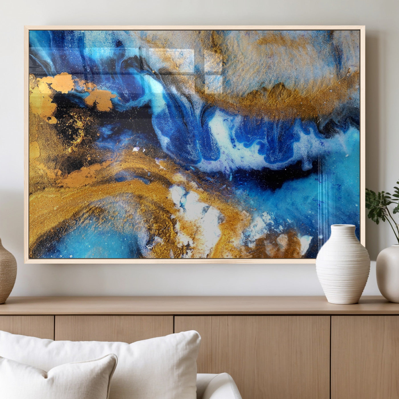 42100-MGV-FP-36X24-3P_Natural-Blue Orange Marble Fluid Effect Canvas Wall Art Print