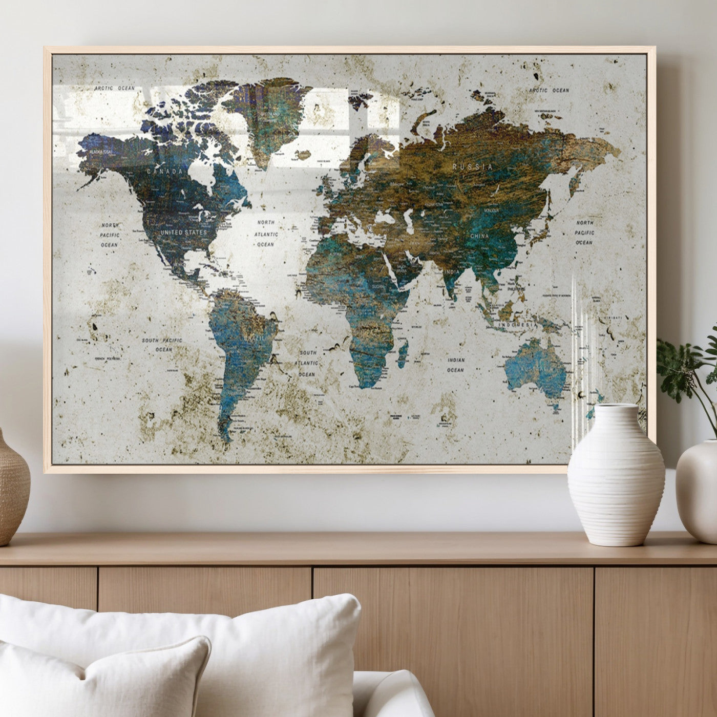 78067-MGV-FP-36X24-3P_Natural-Vintage World Map Wall Art Canvas Print, Framed Rustic Earth Map Art Picture Print, Antique Map Perfect Rustic Vintage Decor Artwork