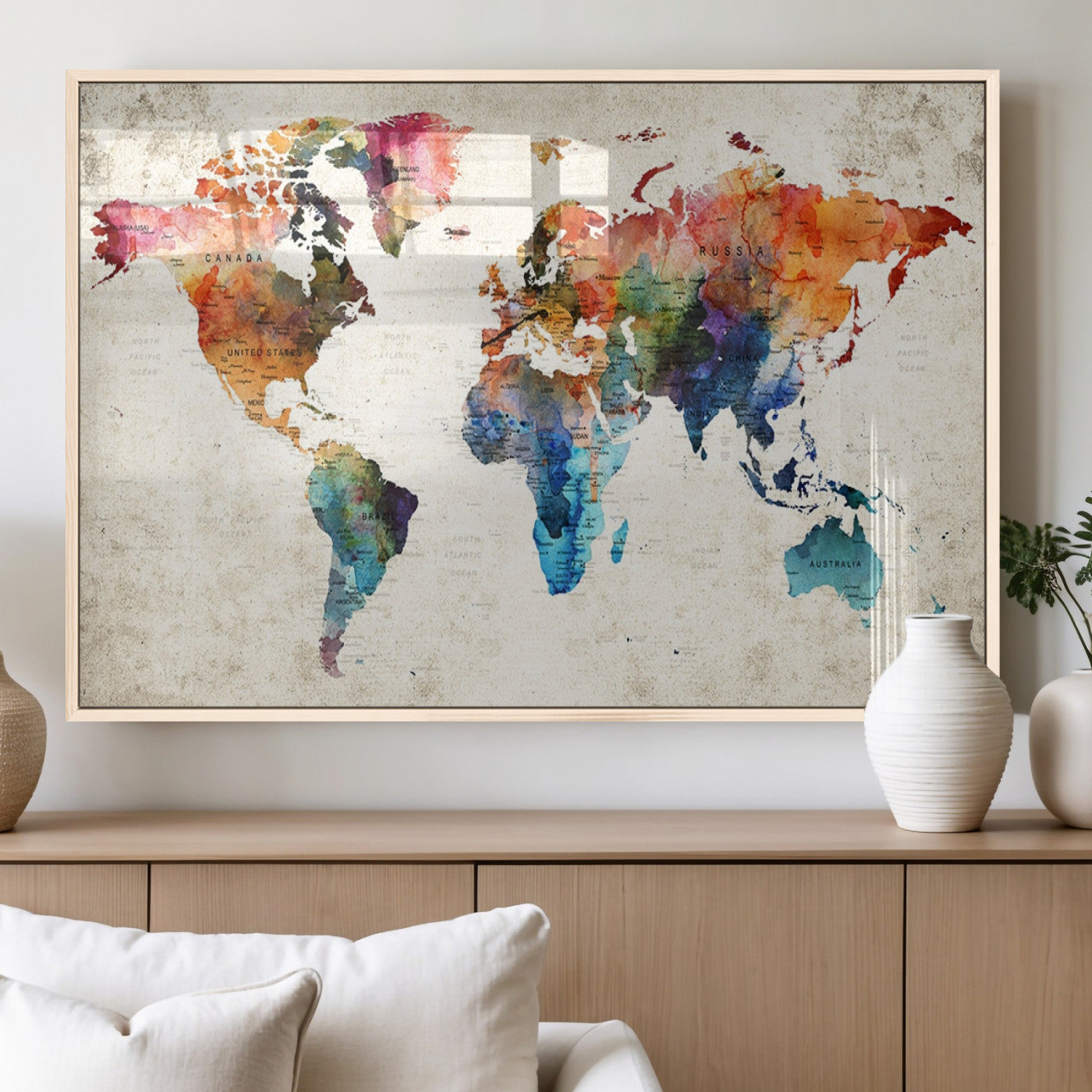 66549-MGV-FP-36X24-3P_Natural-Colorful Watercolor World Map Canvas Wall Art – Framed Push Pin Travel Map for Home and Office Decor, Artistic Modern Wall Artwork