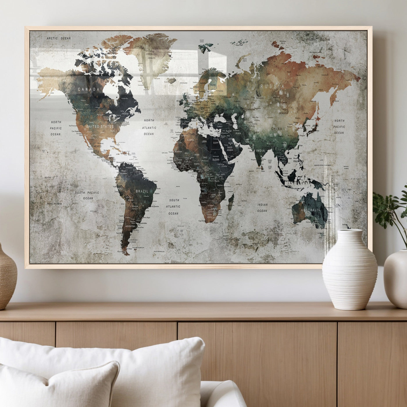19444-MGV-FP-36X24-3P_Natural-Push Pin World Map Canvas Print – Travel Tracker Wall Art for Couples, Perfect Anniversary Gift for Home or Office Decor