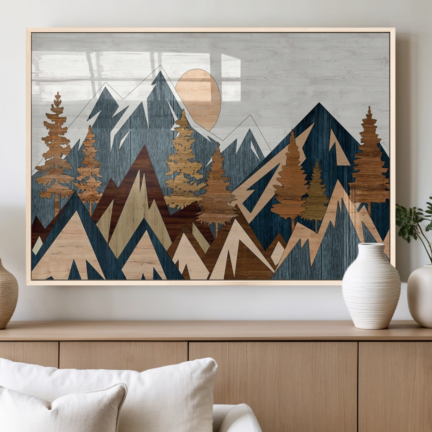 91467-MGV-FP-36X24-3P_Natural-Abstract Wood Panel Effect Mountain Range Top Wall Art Canvas Print