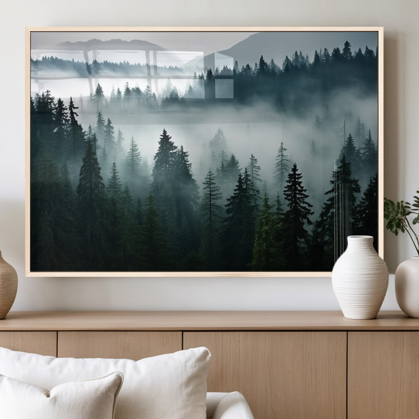 90079-MGV-FP-36X24-3P_Natural-Captivating Misty Forest Wall Art Canvas, Premium Canvas Print a Foggy and Serene Atmosphere