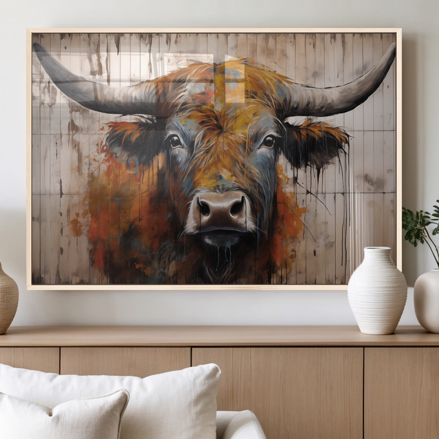 47284-MGV-FP-36X24-3P_Natural-Abstract Bull Highland Cow Canvas Wall Art Print – Vibrant Rustic Charm in Modern Farmhouse Decor –