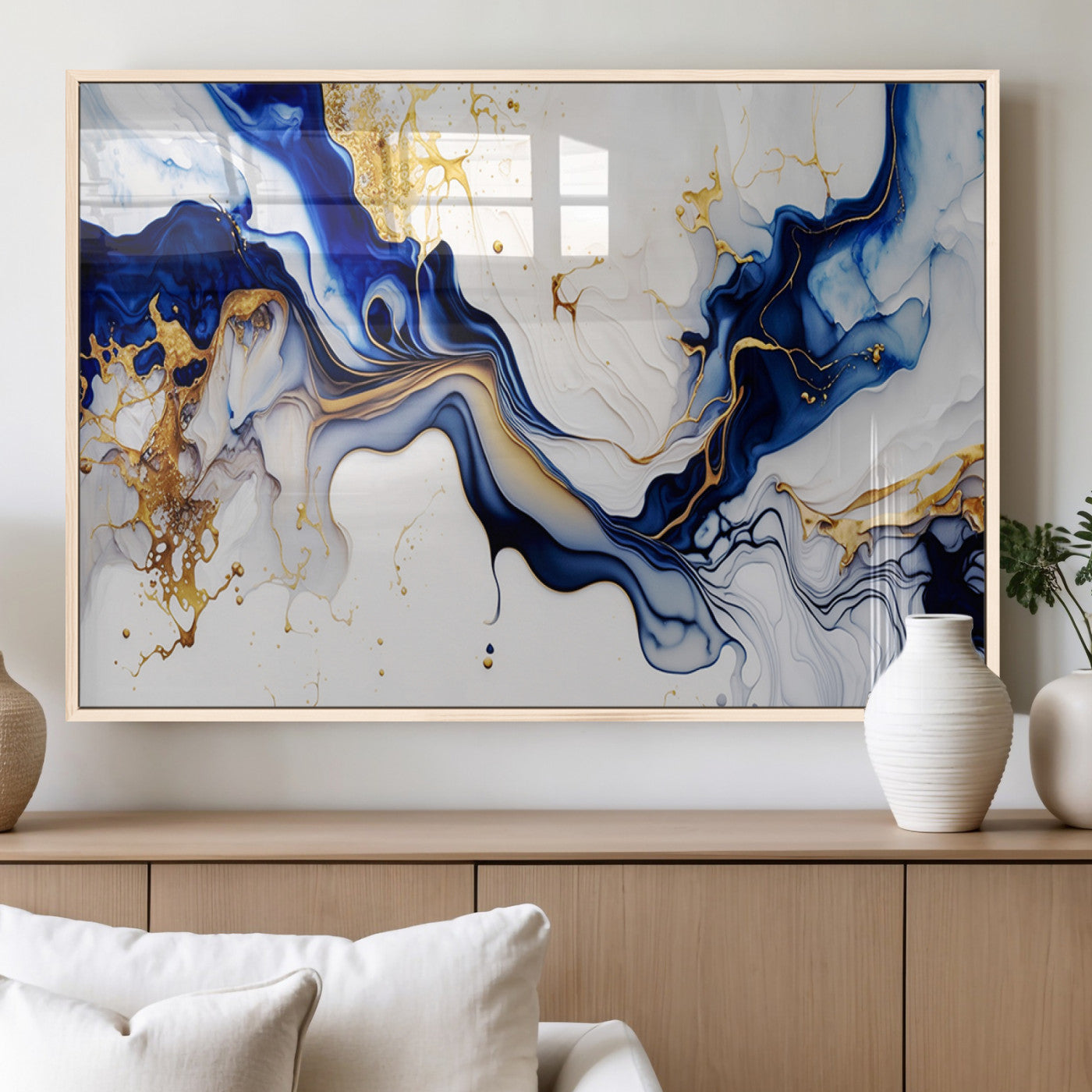 93392-MGV-FP-36X24-3P_Natural-Golden Cascades on Midnight Blue – Deep Blue Abstract Wall Art Flowing Elegance | Wall Art Canvas,