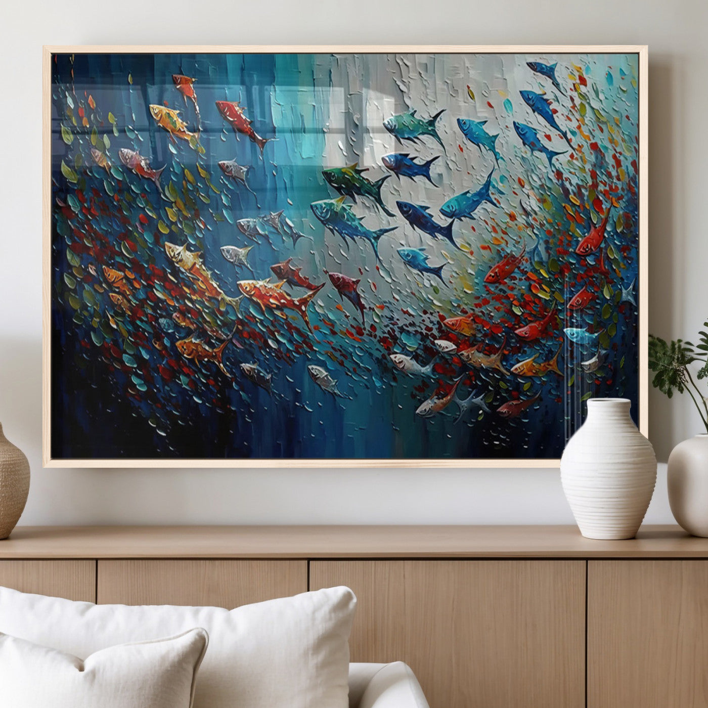 89626-MGV-FP-36X24-3P_Natural-Modern Abstract Fish Shoal Wall Art Canvas Print, Colorful Fish Herd Painting on Canvas Print, Ocean