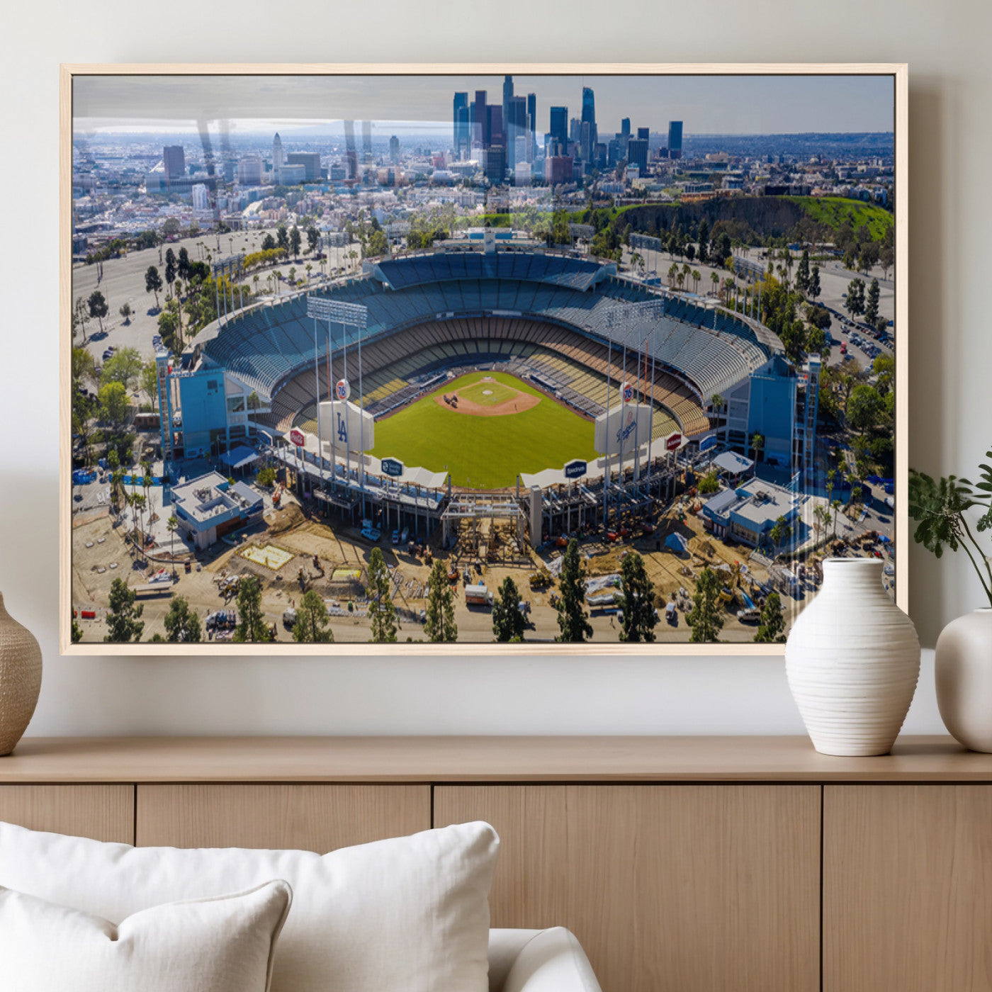 58596-MGV-FP-36X24-3P_Natural-Los Angeles Dodgers Dodger Stadium Wall Art Canvas Print - MLB Baseball Stadium, Framed Los Angeles