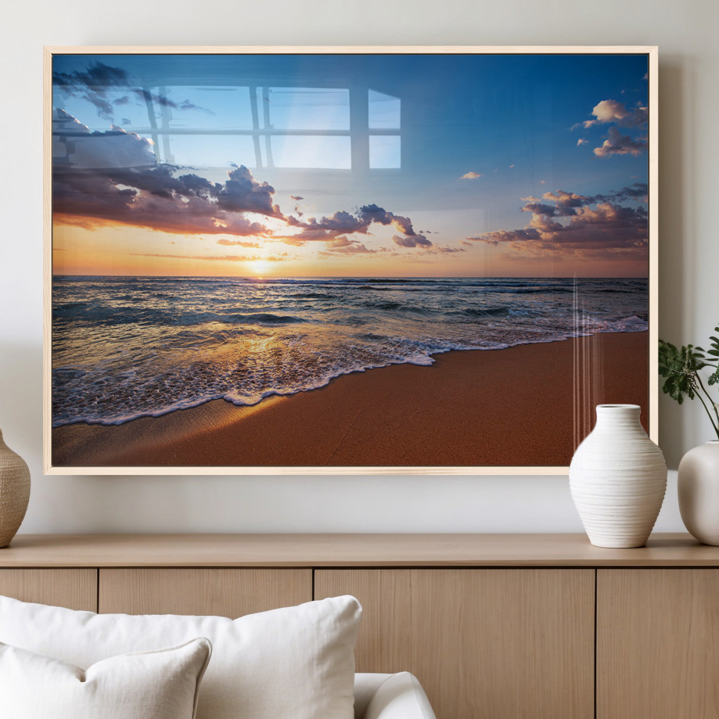 68915-MGV-FP-36X24-3P_Natural-Golden Hour Beach Sunset Wall Art | Canvas Print | Ready to Hang | Coastal Wall Art for Living Room